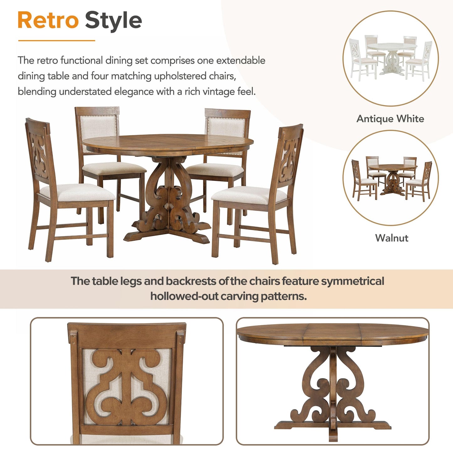 Merax Dining Table Set for 4, Extendable Round Tabletop with 16" Leaf & Upholstered Chairs, Retro Hollowed-Out Carving Design, 58" x 42", Walnut