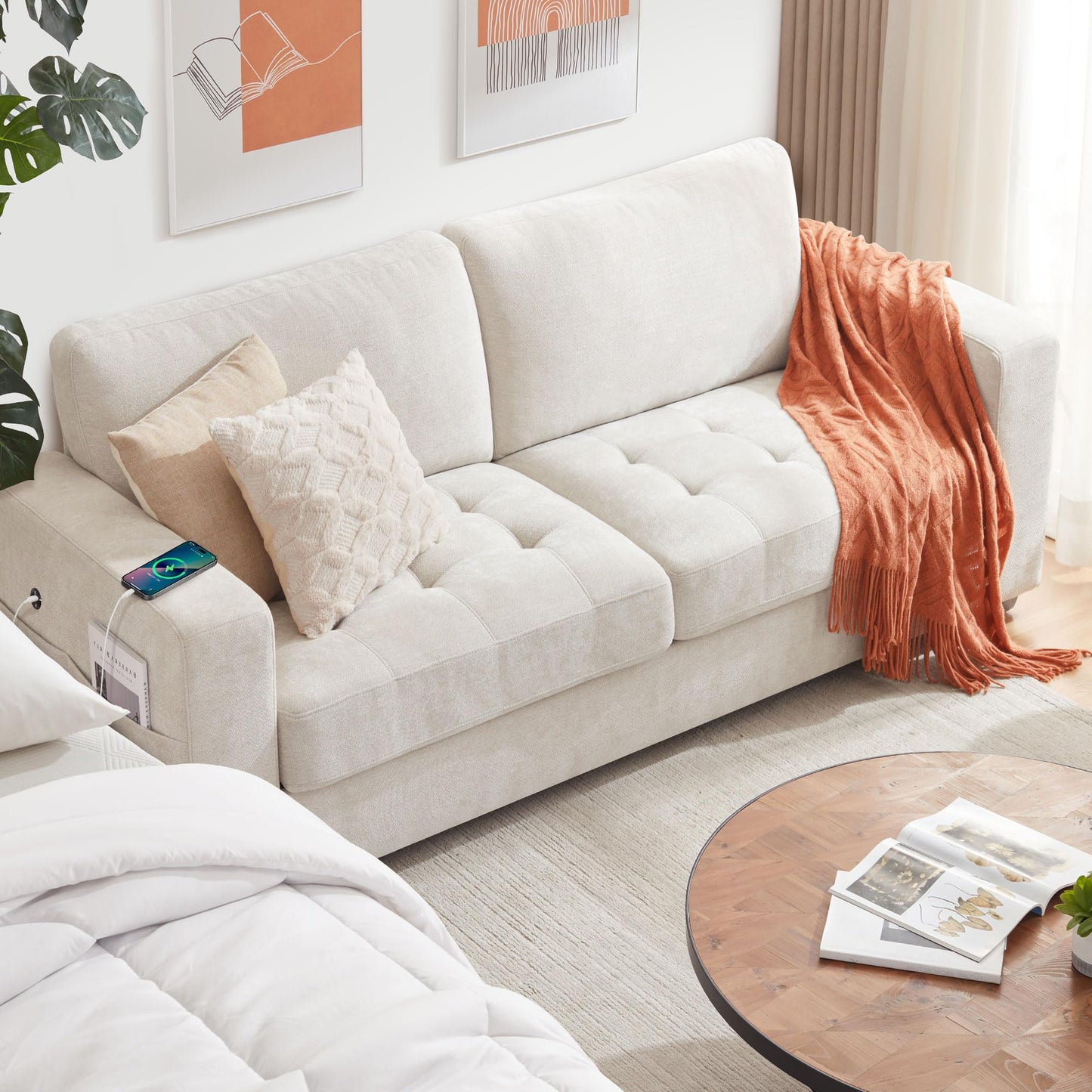 Ihanherry 89" Modern Sofas 3-Seats Couches for Living Room, Chenille Sofas with Extra Large Seat Width & Depth, USB/Type-C Charging Port & Side Pocket, Removable Medium Firm Sofa Cushion(Beige)