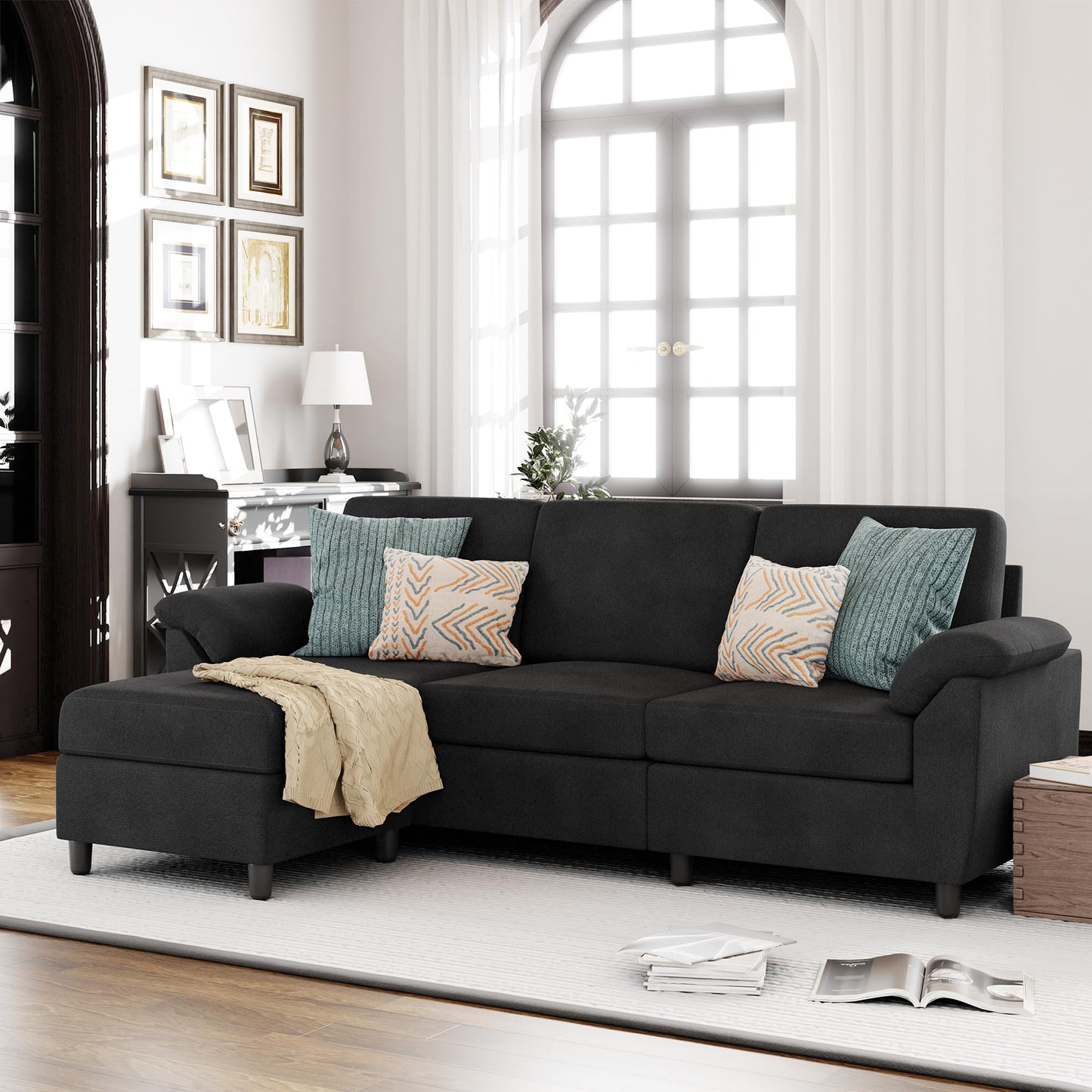 Vongrasig 79" Convertible Sectional Sofa Couch, 3 Seat L Shaped Sofa with Removable Pillows Linen Fabric Small Couch Mid Century for Living Room, Apartment and Office (Black)