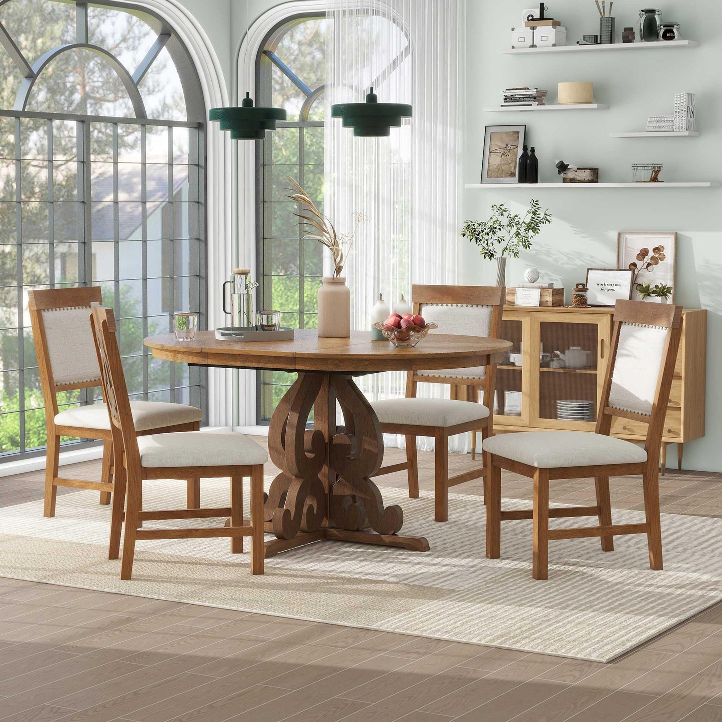 Merax Dining Table Set for 4, Extendable Round Tabletop with 16" Leaf & Upholstered Chairs, Retro Hollowed-Out Carving Design, 58" x 42", Walnut