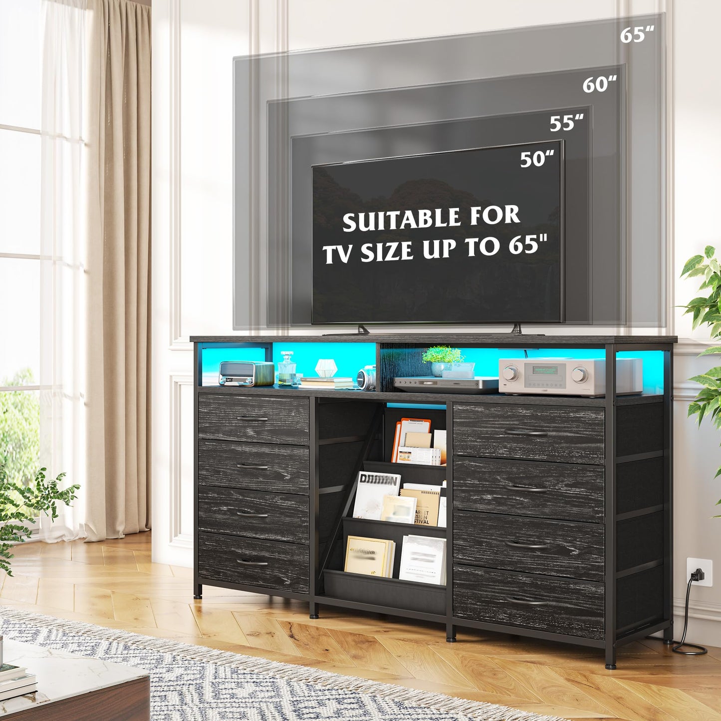 Dresser for Bedroom with Bookrack & 8 Fabric Drawers, 55 ” W Dresser TV Stand with Power Outlet & LED Lights for 65 Inch TV, Chest of Drawers for Closet, Entryway, Black