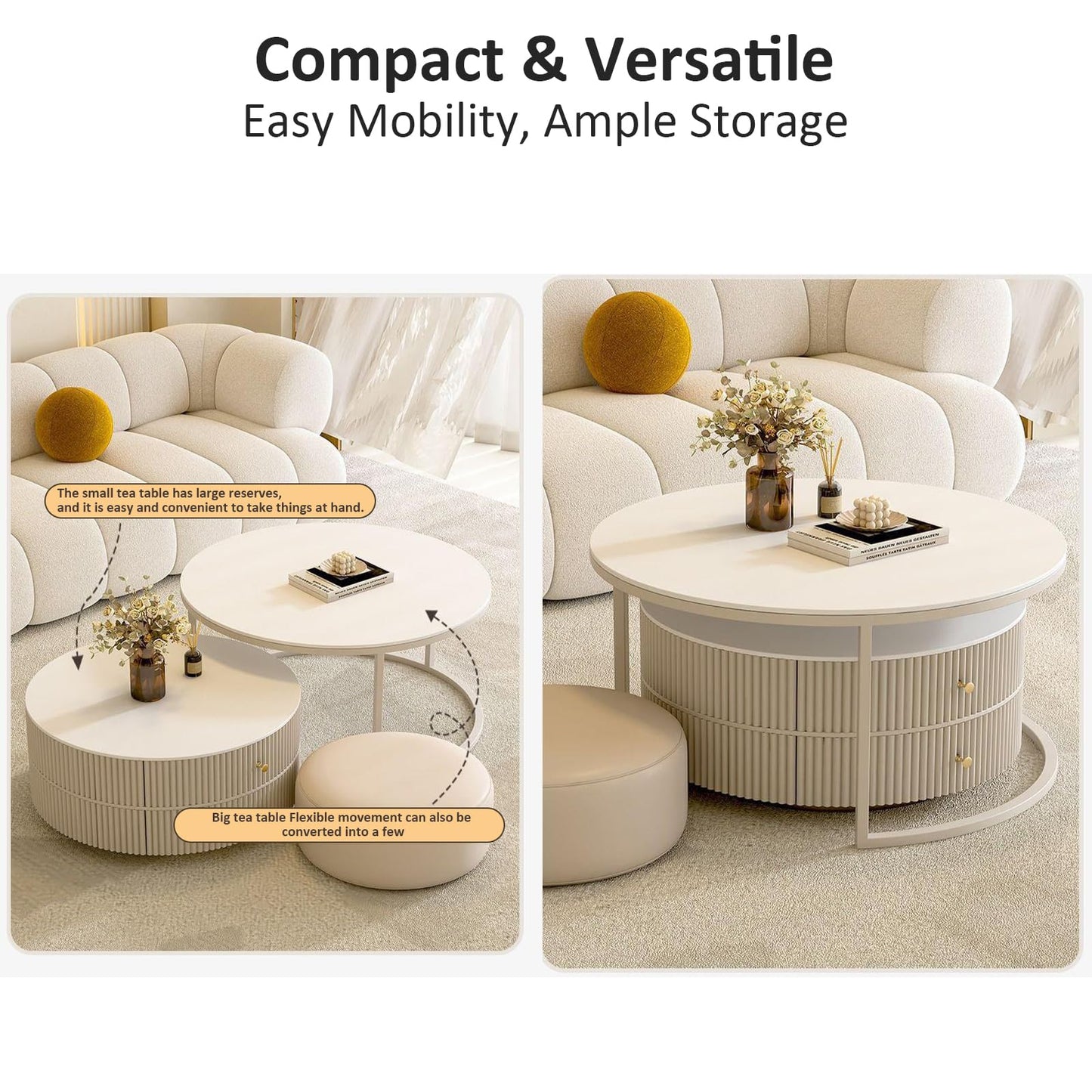 Kadaligh Nesting Coffee Table Set of 2 with Leather Stool - Ivory Wood Circle Embossed Design Coffee Table with 2 Drawers - Round Table with Baking Paint Frame
