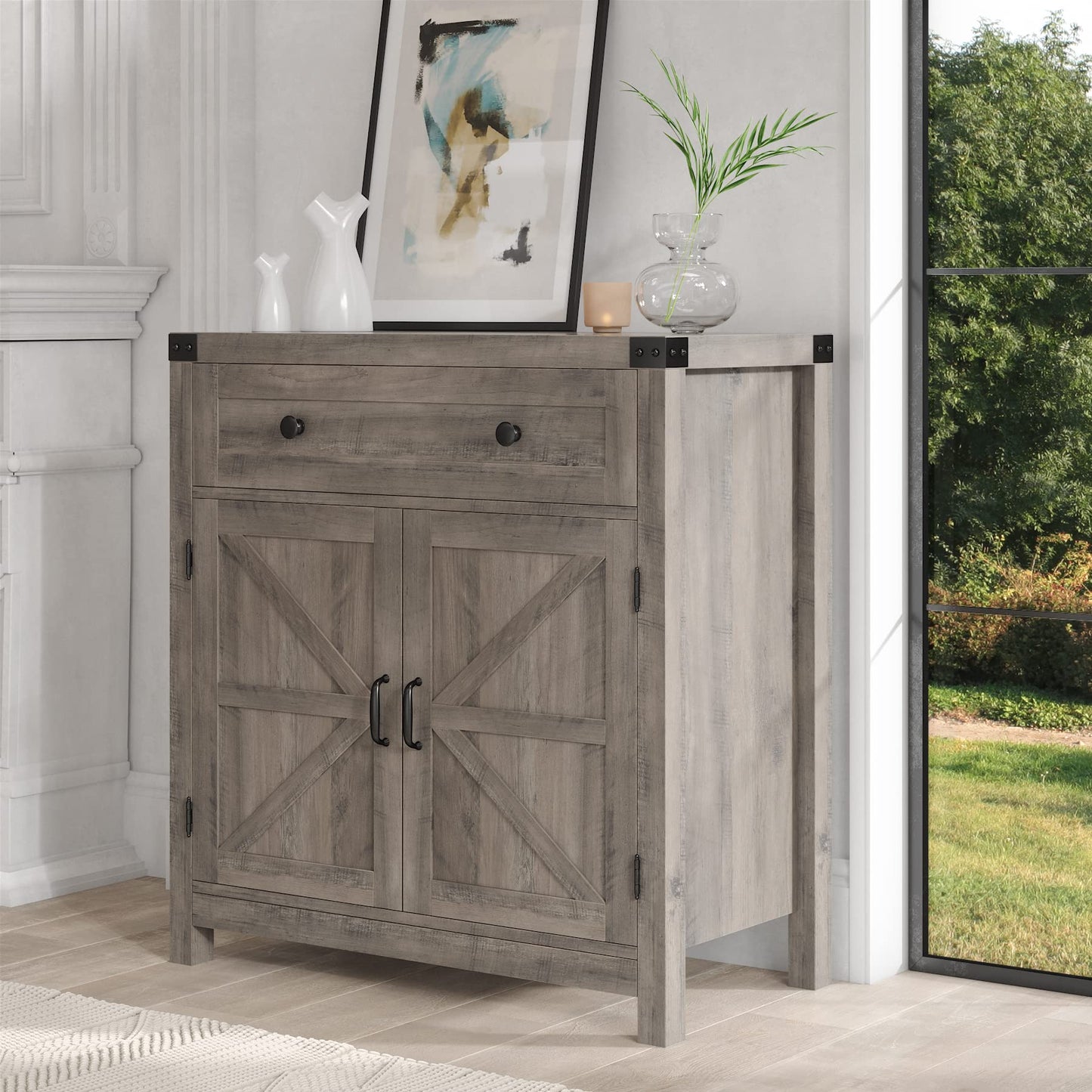 HOSTACK Coffee Bar Cabinet, Modern Farmhouse Buffet Sideboard with Drawer and Adjustable Shelf, Barn Door Storage Cabinet for Kitchen, Dining Room, Bathroom, Entryway, Ash Grey