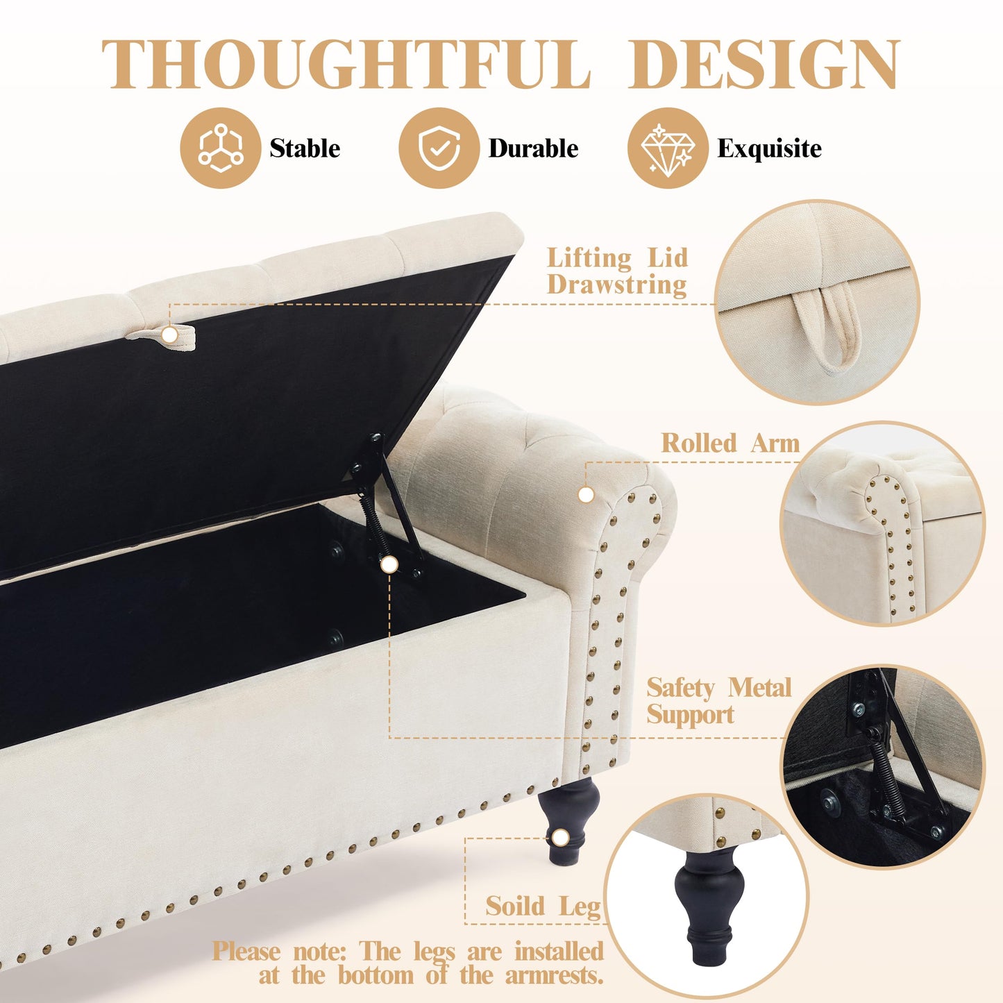 Dowiean 51" Storage Ottoman Bench, End of Bed Bench for Bedroom, Storage Ottomans for Foot of Bed, Chenille Upholstered Benches, Window Benches for Living Room, Entryway, Beige