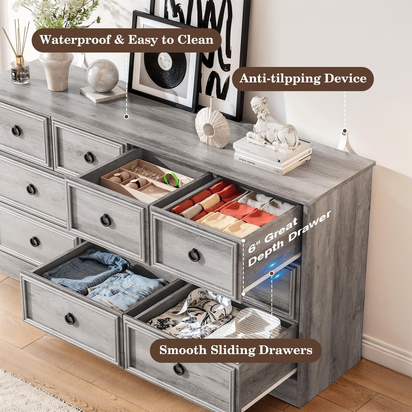 LGHM Dressers for Bedroom with 10 Drawers,Modern Long 10 Drawer Dresser with Textured Borders, Chest of Drawers Closet Organizers and Storage Clothes - 6" Deep Drawer for Bedroom, Living Room, Gray