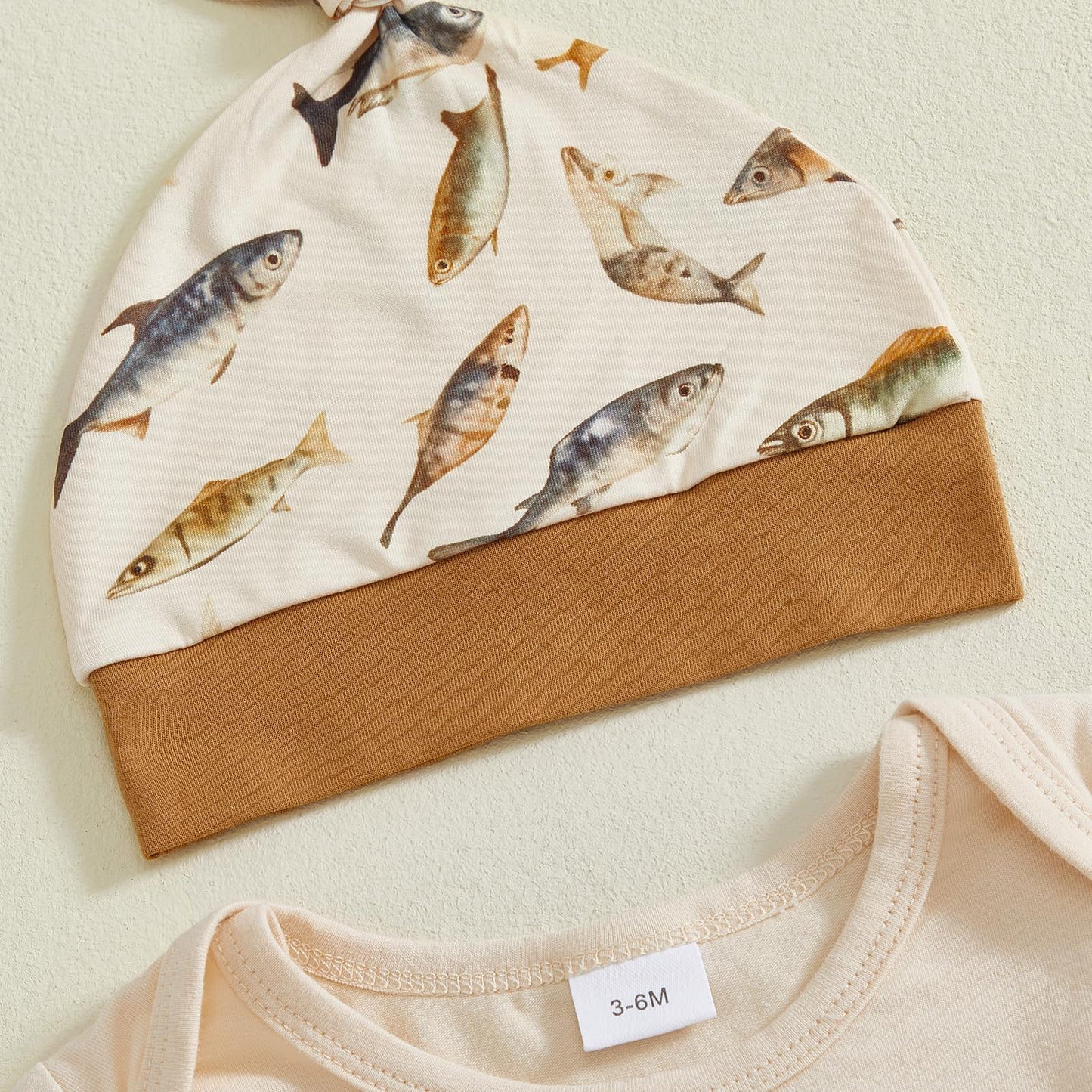 VSQWLZT Newborn Infant Baby Boy Fishing Outfit First Birthday Clothes Short Sleeve Romper + Pants + Hat 3Pcs Set (Khaki, 3-6 Months)