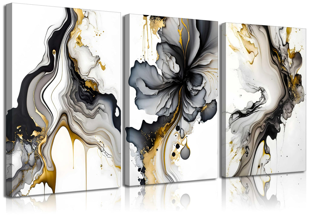 3Pcs Framed Black and Gold Abstract Wall Art, Modern Grey and Gold Marble Fluid Canvas Wall Art Prints Posters Wall Decor Pictures for Living Room Bedroom Office Home Decoration,Ready to hang