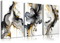 3Pcs Framed Black and Gold Abstract Wall Art, Modern Grey and Gold Marble Fluid Canvas Wall Art Prints Posters Wall Decor Pictures for Living Room Bedroom Office Home Decoration,Ready to hang
