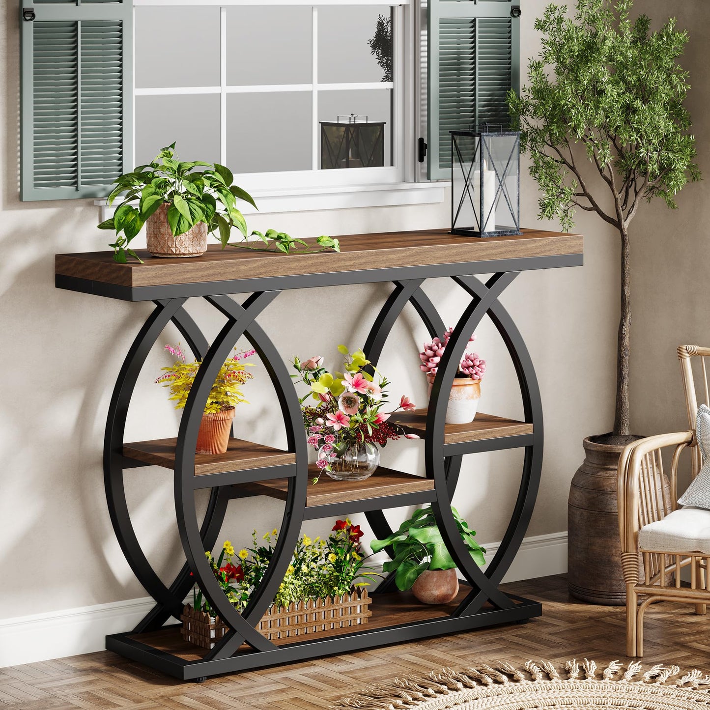 Tribesigns 39.4" Console Table, Industrial 4-Tier Sofa Table Entryway Table with Storage Shelves, Narrow Wood Accent Tables with Metal Frame for Small Spaces, Hallway, Foyer, Rustic Brown