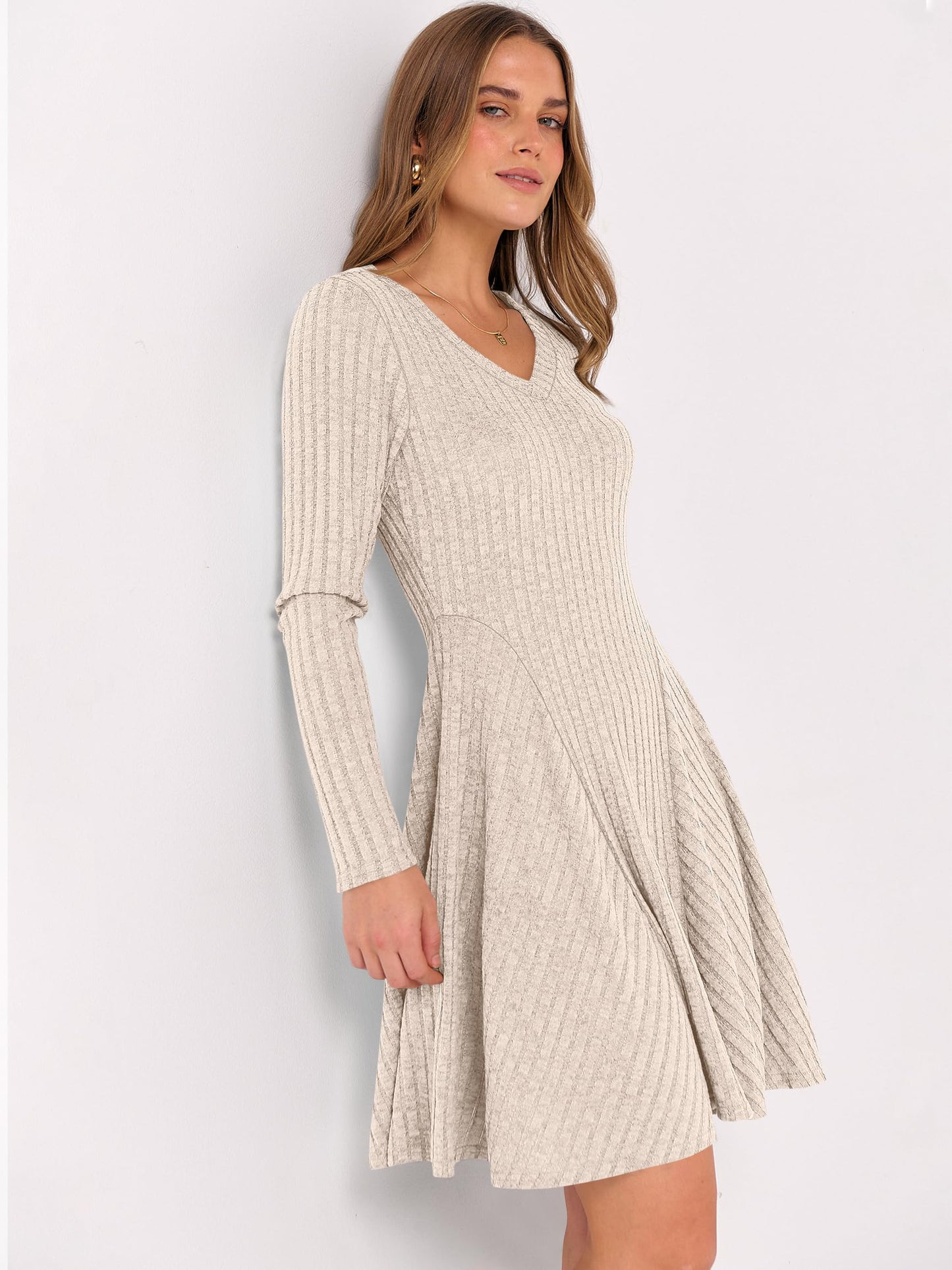 ANRABESS Women Long Sleeve Ribbed Knit Short Dresses 2025 Fall Winter V Neck Casual Swing A Line Sweater Dress Beige Large