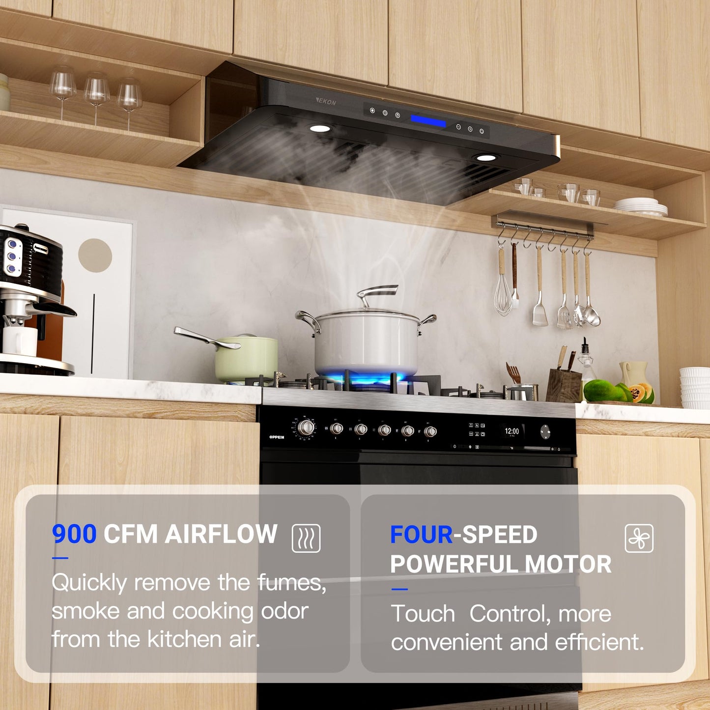 EKON 42 inches Black Under Cabinet Range Hood, 900 CFM Stainless Steel Kitchen Chimney Vent, 4 Speed Touch Screen Control With Remote 2Pcs 3W LED lights Dishwasher-safe Filters Fan Timer