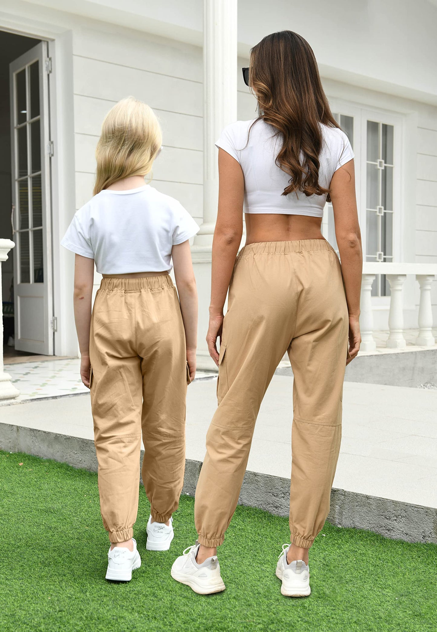 AOWKULAE Women's Cargo Pants, Tapered Joggers Drawstring Elastic Waist Pants with Pockets for Women, Khaki, Large