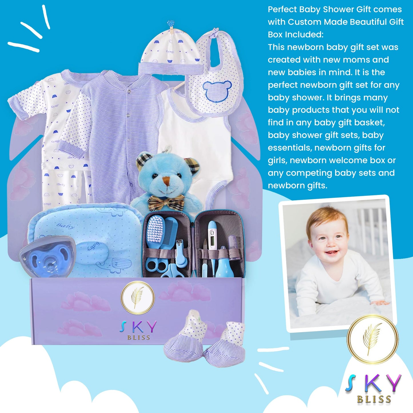 Sky Bliss 20 Piece Baby Gift Set (Blue), Newborn Baby Gift Set, Baby Clothes, Teddy Bear, Pacifier, Baby Grooming kit, Gifts for a New Baby Boy, Baby Boy Newborn Essentials