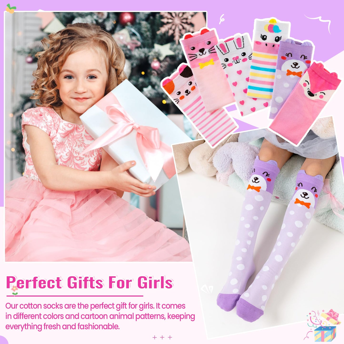 Eocom Girls Knee High Socks Kids Crazy Fun Gift Silly Tall Boot Cute Animal Cotton Long Socks 6 Pairs(Pink Purple Animal, 3-12 Years)