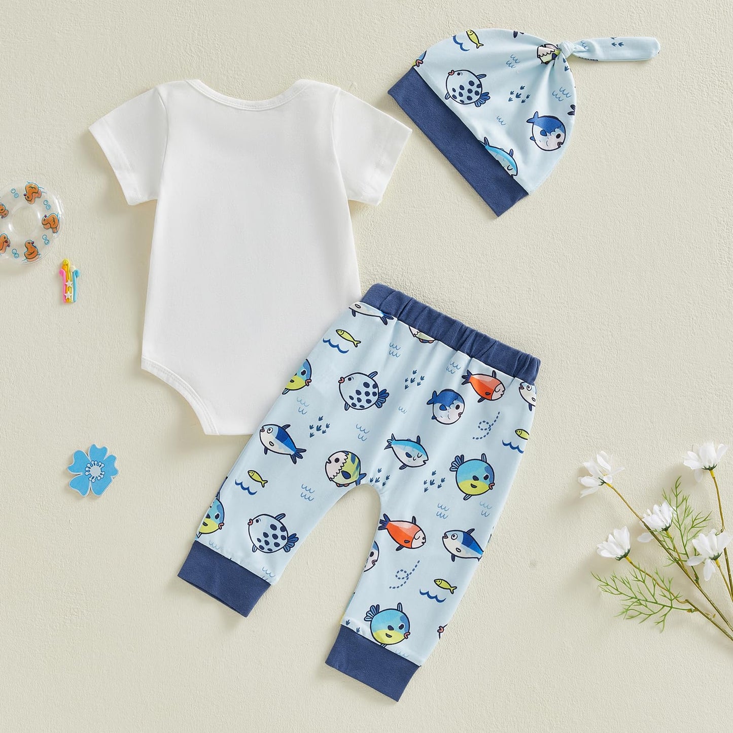 Bagilaanoe 3PCS Summer Outfit Newborn Baby Boy Clothes Fishing with Daddy Short sleeve Romper Pants Hat Set (Blue, 3-6 Months)