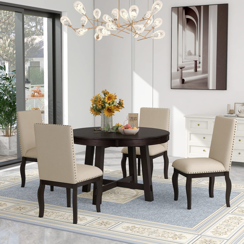 Harper & Bright Designs 5-Piece Farmhouse Extendable Round Dining Table and Upholstered Chair Set, Round Dining Table with Shelf, Wood Dining Table Set for Family Dining Area