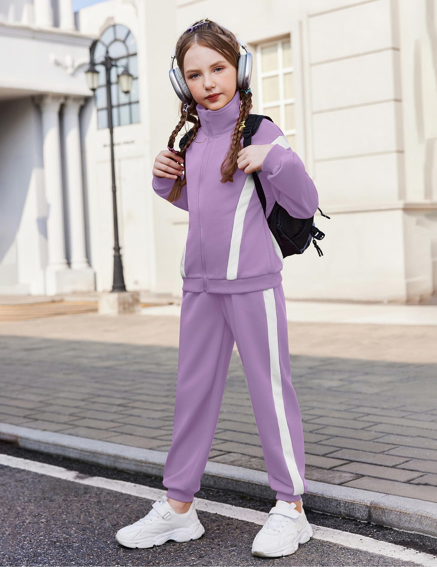 Zaclotre Girl's 2 Piece Outfits Zip Up Sweat Set Contrast Striped Jogging Pants TrackSuit Fall Clothes Purple 8-9 Years