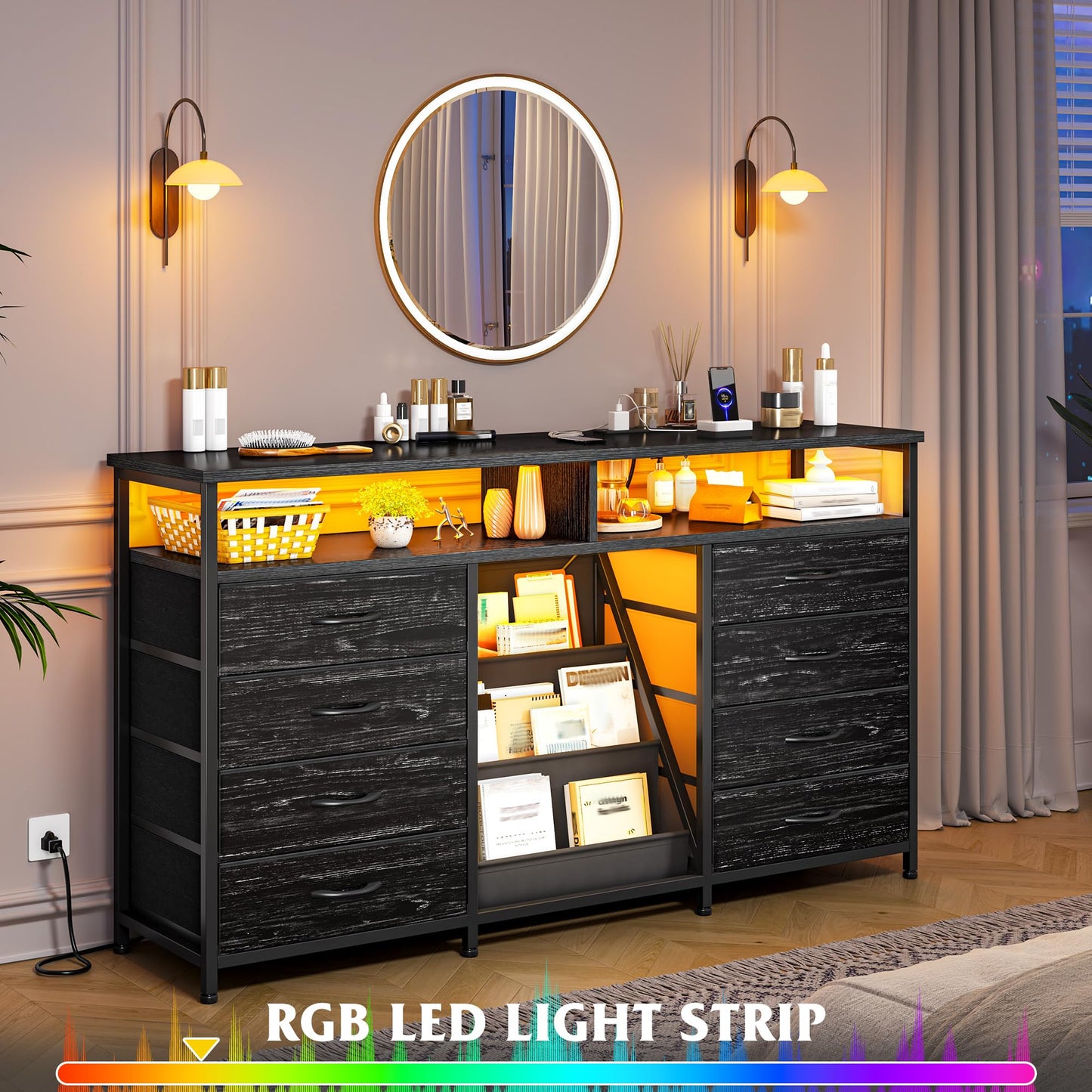 Dresser for Bedroom with Bookrack & 8 Fabric Drawers, 55 ” W Dresser TV Stand with Power Outlet & LED Lights for 65 Inch TV, Chest of Drawers for Closet, Entryway, Black