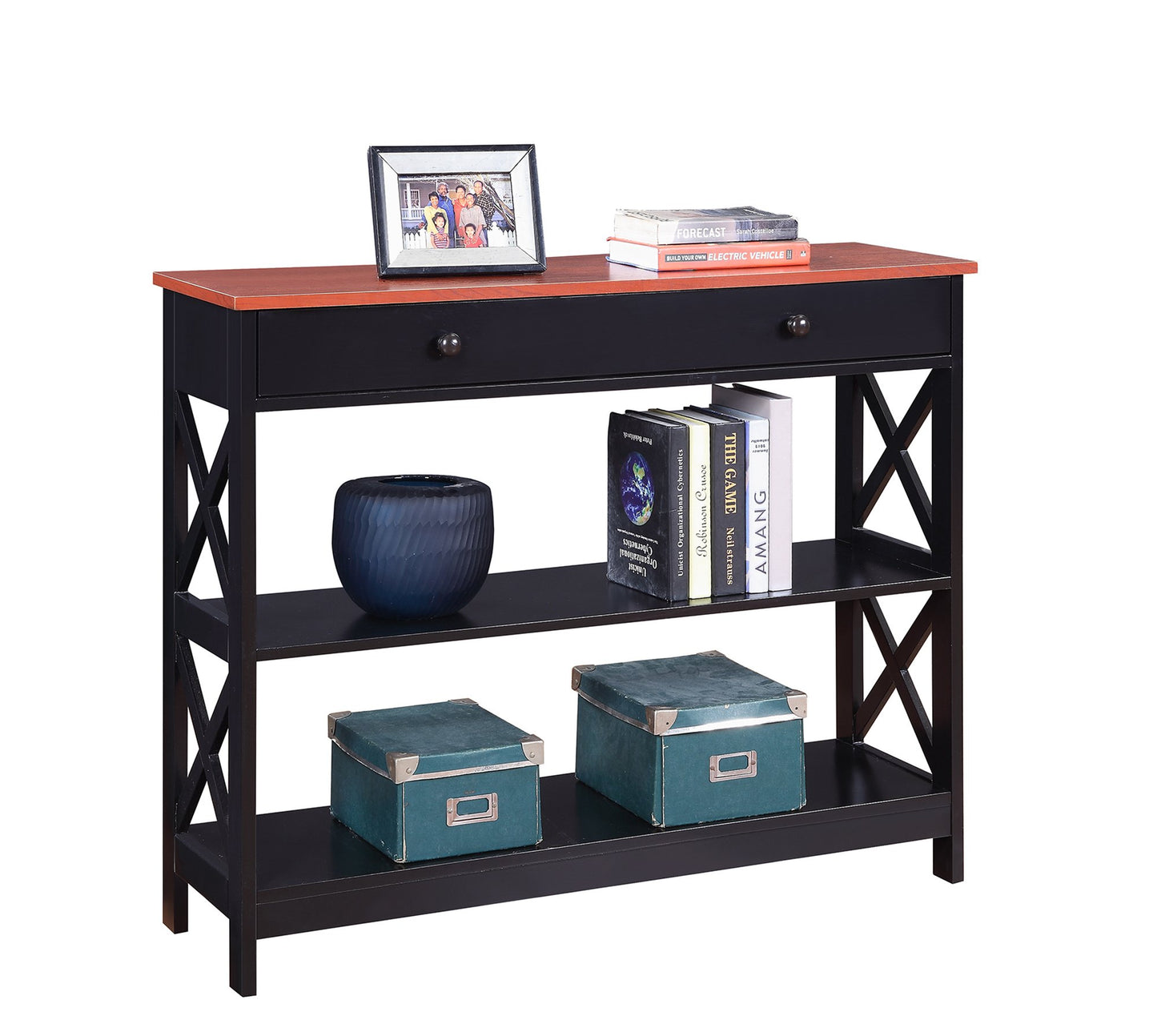 Convenience Concepts Oxford 1 Drawer Console Table with Shelves, Cherry/Black