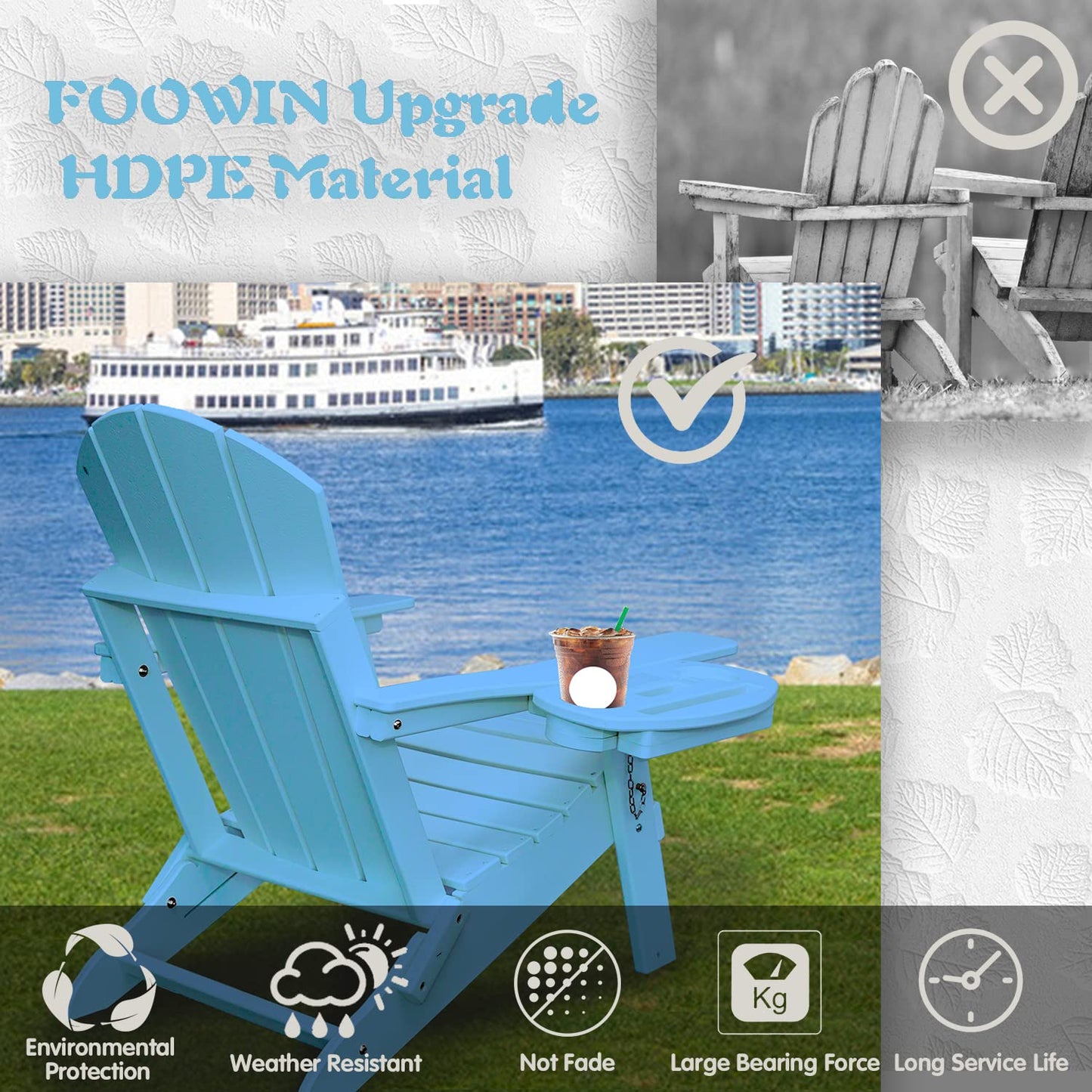FOOWIN HDPE Folding Adirondack Chair Set of 4, All-Weather Resistant Adirondack Chair w/4 in 1 Cup Holder Trays, Adirondack Chairs for Outdoor, Patio, Lawn, Garden, Backyard Deck