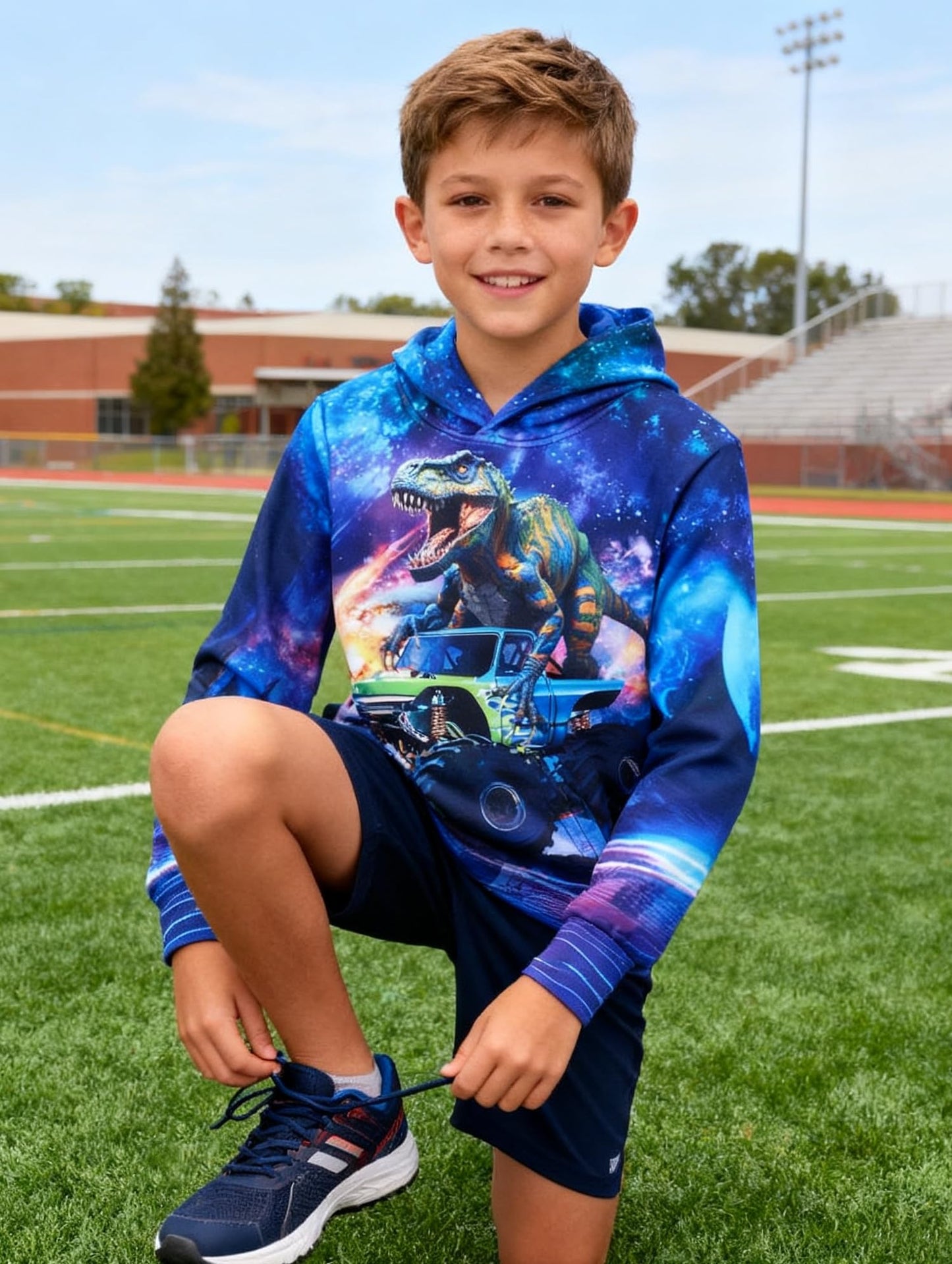 Idgreatim Little Boys Girl Car Hoodies Funny Dinosaur Ride Off-Road Vehicle Hooded Sweatshirts Size 8-10T Fall Winter Casual Sport Hoody Pullover with Pocket