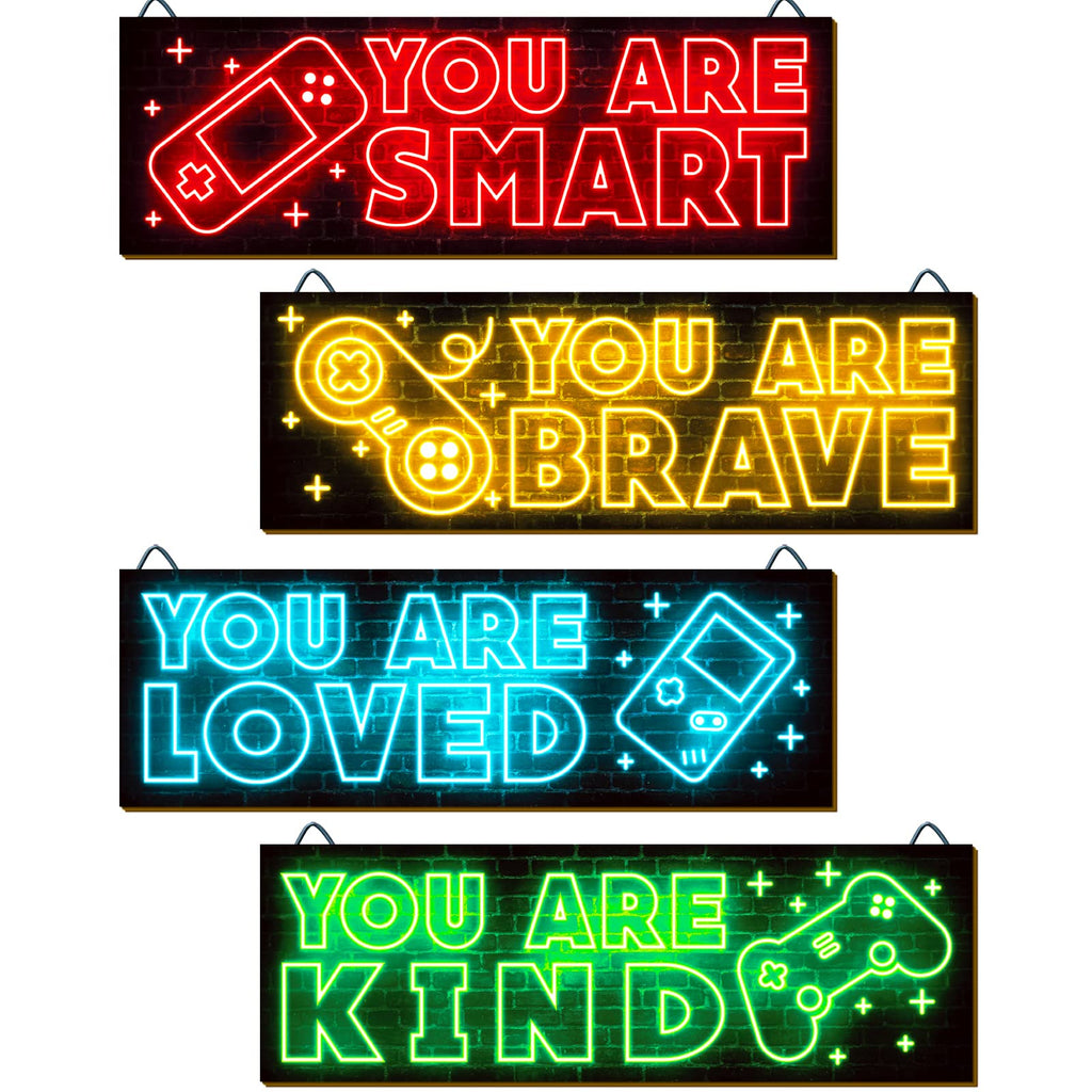 YLOLUL 4 Pieces Neon Gaming Decor for Boys Room Wooden Video Game Wall Art Print 12 X 4 Inch Motivational Quote Gamer Hanging Plaques Wall Decor for Boys Kids Room Bedroom Playroom Decorations