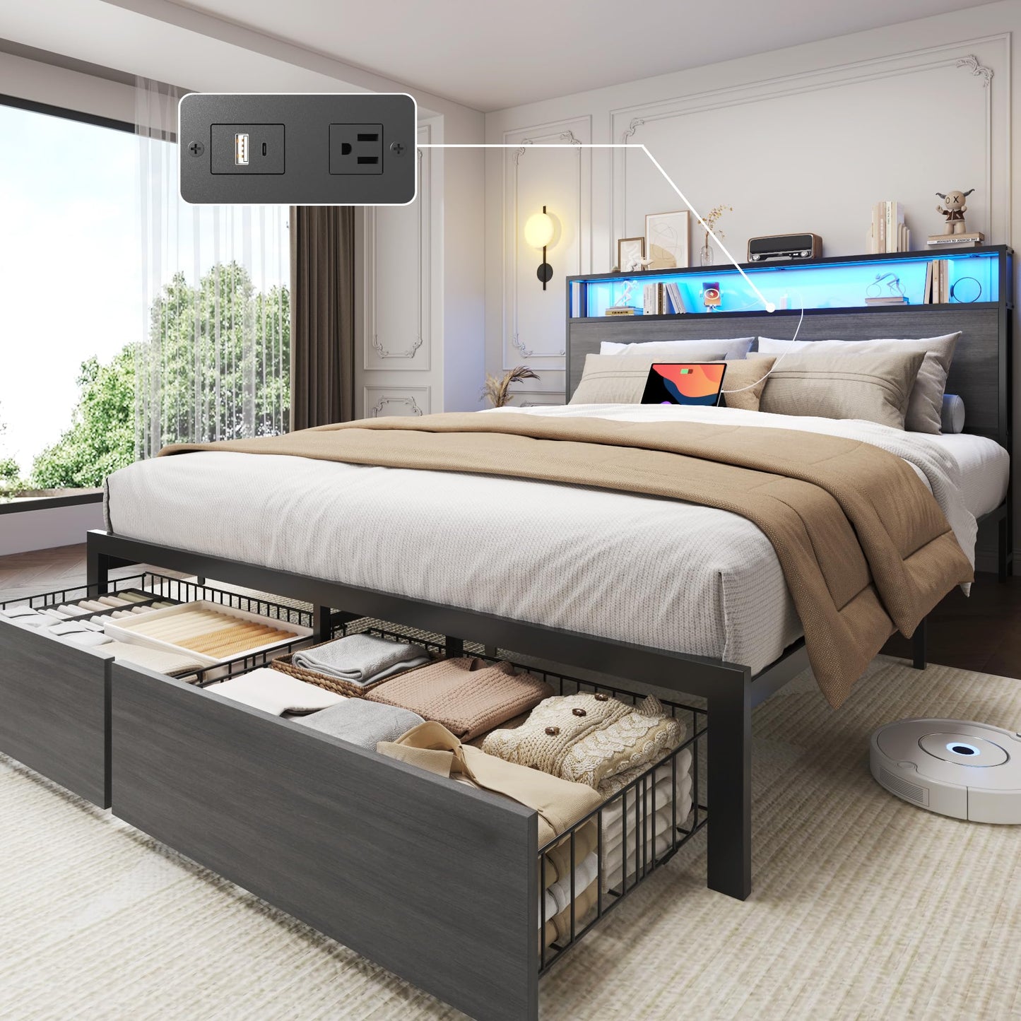 Lifezone Queen Bed Frame with 2-Tier Storage Headboard, Metal Bed Frame with Storage Drawers & Built-in Charging Station & LED, Noise-Free, No Box Spring Needed, Easy Assembly, Rustic Grey