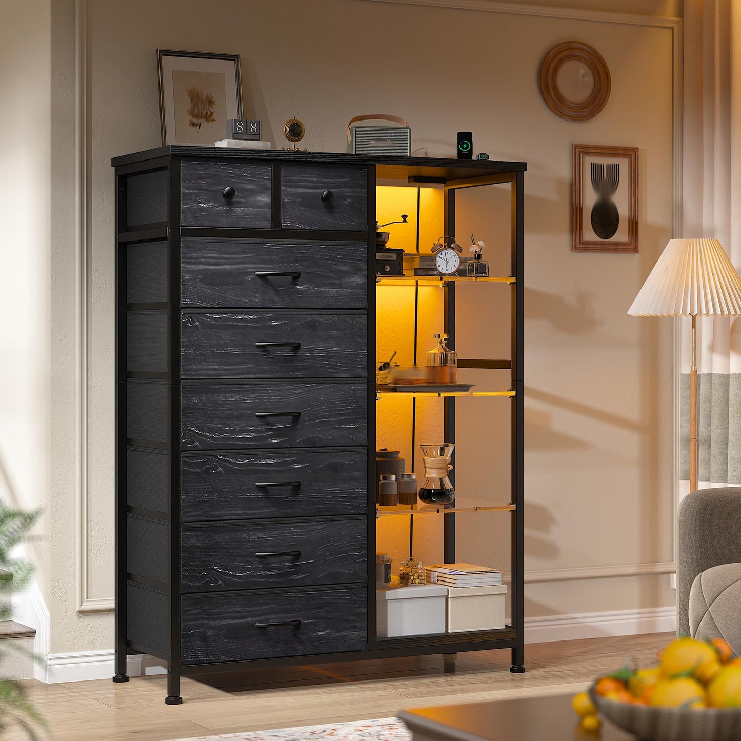 EnHomee 54" H Dresser for Bedroom with LED Lights & Power Outlets Dresser with 8 Drawers Fabric Dressers & Chests of Drawers for Bedroom, Sturdy Metal Frame, Acrylic Plates (Charcoal Black)
