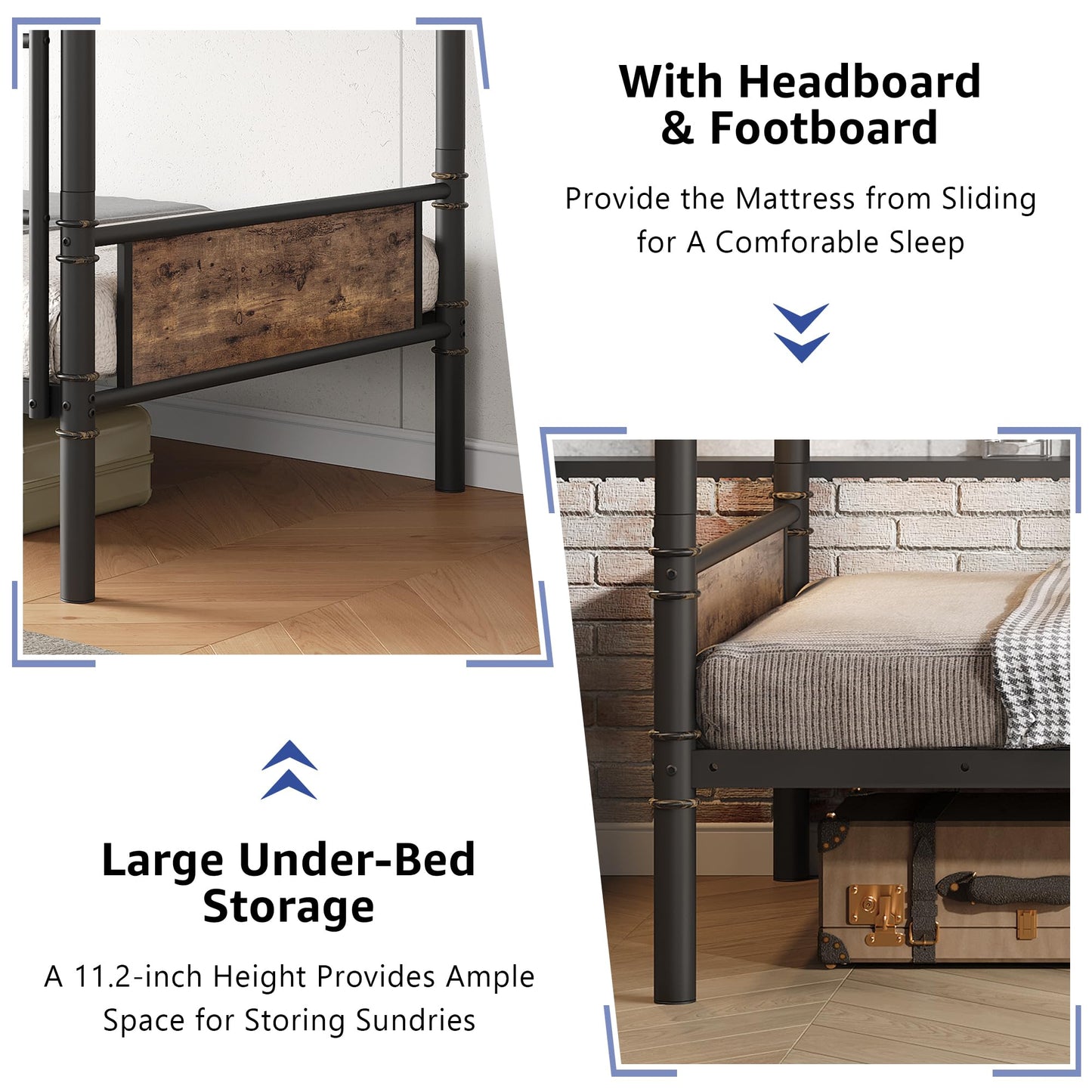 Jocoevol Metal Bunk Bed Twin Over Twin, Industrial Bunkbeds Heavy Duty Bed with Safety Guard Rails and Space-Saving Design, Steel Bed for School, Bedroom (Vintage Brown)