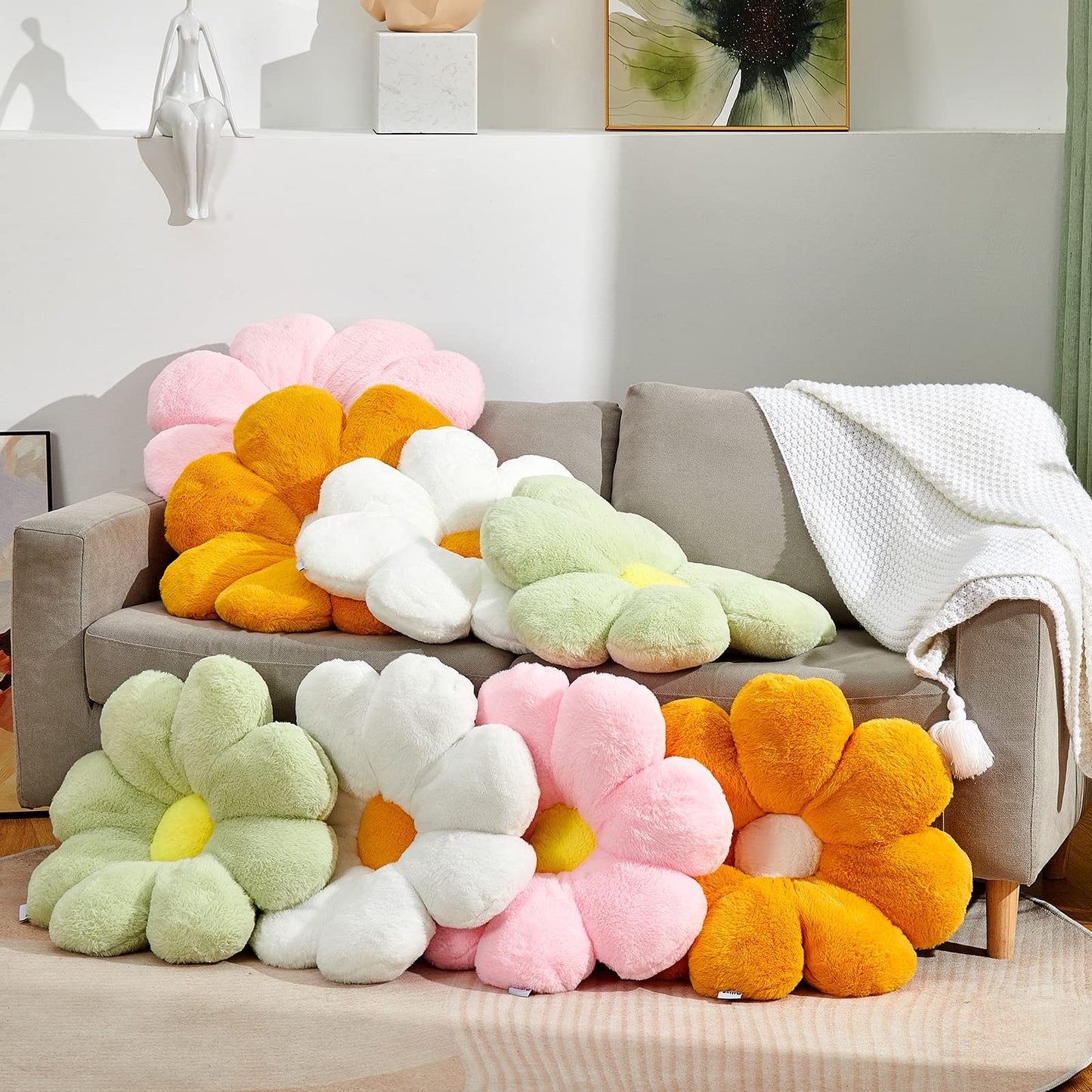 Ailive 21.6In Cute White Flower Throw Pillow Floor Cushion Pillow as Room Decor Desk Chair Cushion Decorative Bed Throw Pillows for Girls Adults