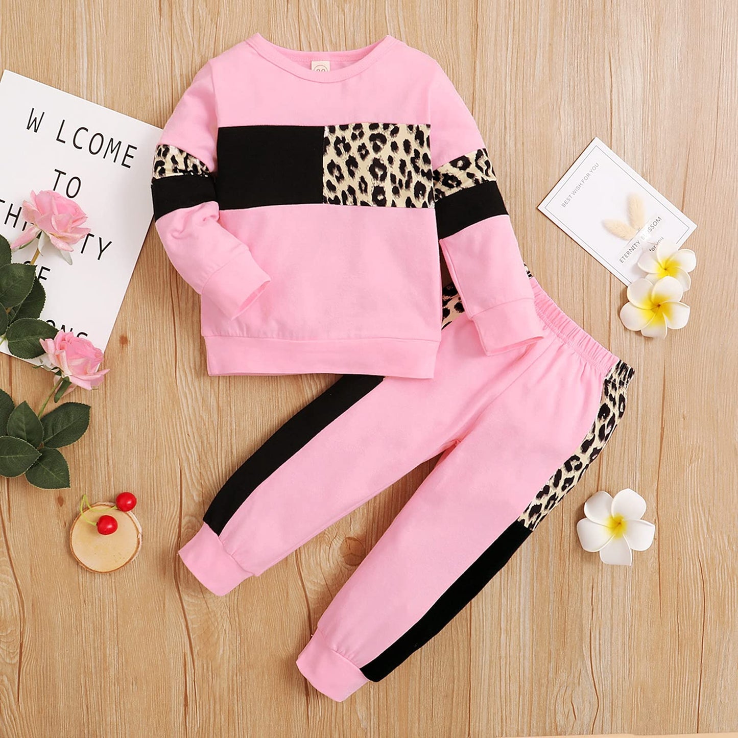 Tikoubabe Toddler Girl Clothes Baby Sweatshirt Leopard Fall Winter Outfits Long Sleeve Tops Pants Set 2 Pcs Pink 2-3 Years 100CM