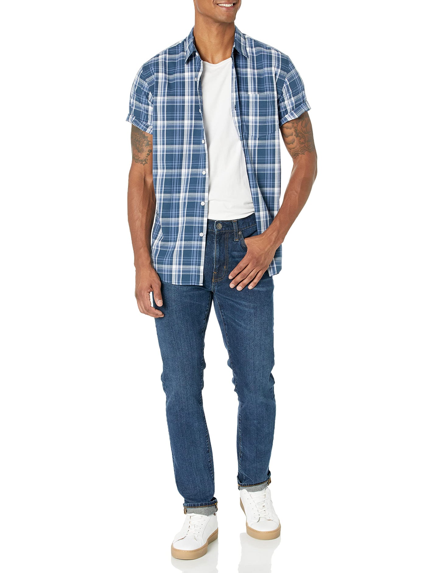Amazon Essentials Men's Regular-Fit Short-Sleeve Poplin Shirt, Navy Medium Plaid, X-Large
