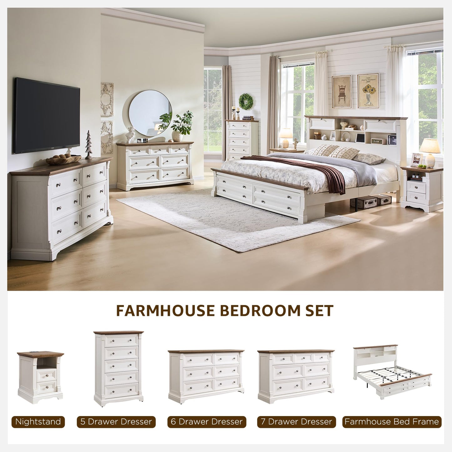 Farmhouse Queen Size Bed Frame with 54" Tall Storage Bookcase Headboard, Wood Platform Bed Frame with 2 Drawers & 18" Tall Roman Column Decoration Footboard, No Box Spring Needed(Antique White)