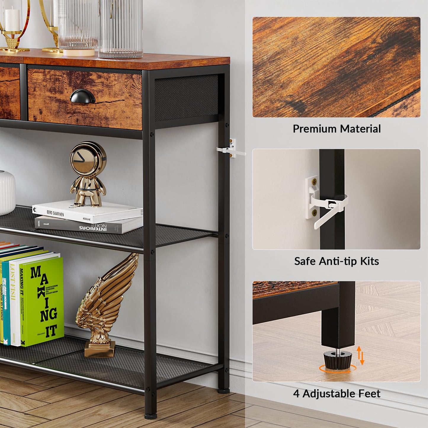 Furologee Entryway Table, 38'' Console Sofa Table with 3 Fabric Drawers, Industrial Entry Way Table with Storage Shelves, Display Shelf for Living Room, Hallway, Entrance, Foyer, Rustic Brown