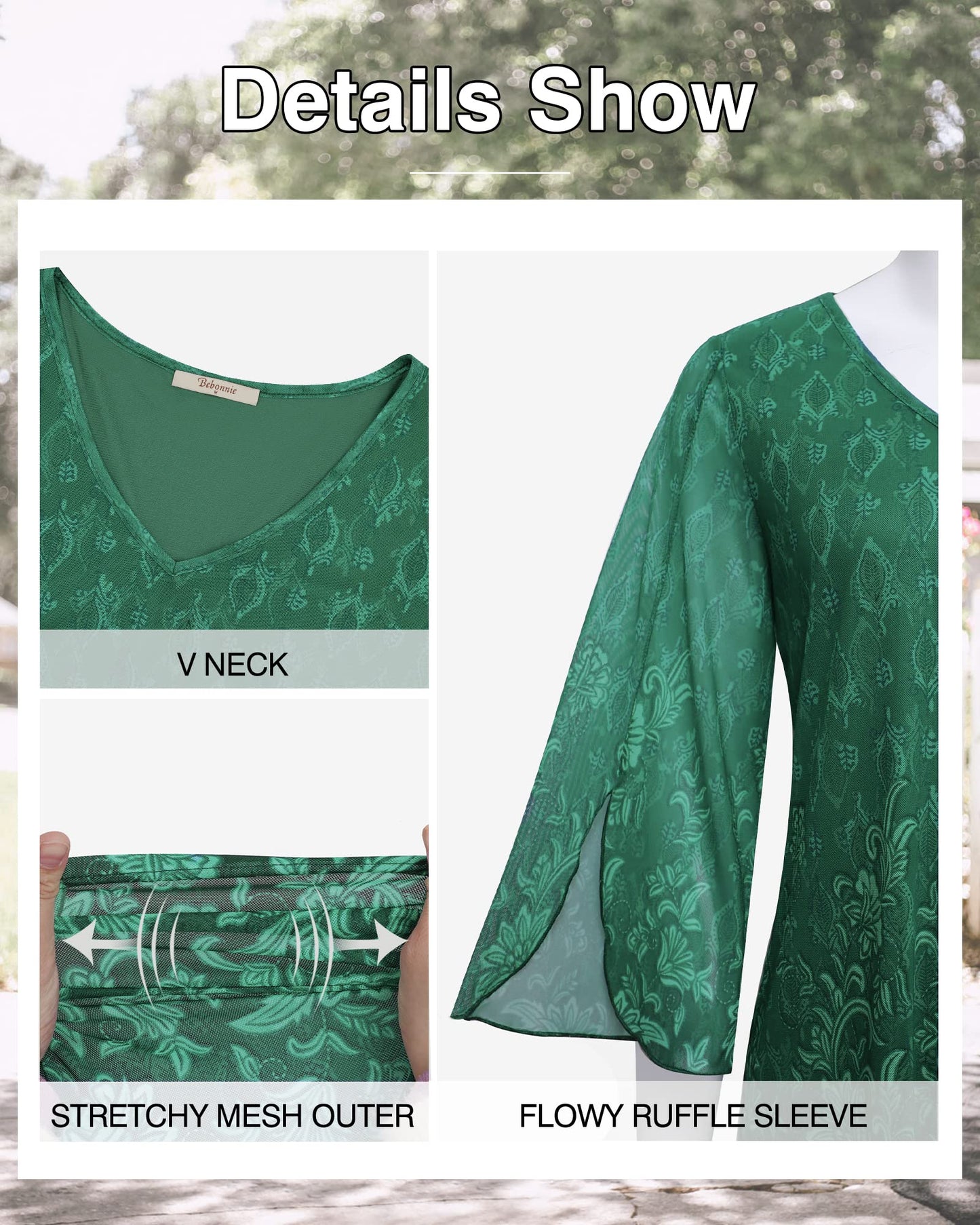 Bebonnie Dressy Tops for Evening Wear & Work - 3/4 Bell Sleeve Business Casual Outfits, Sheer Blouses & Tunic Tops for Leggings - Multi Green L