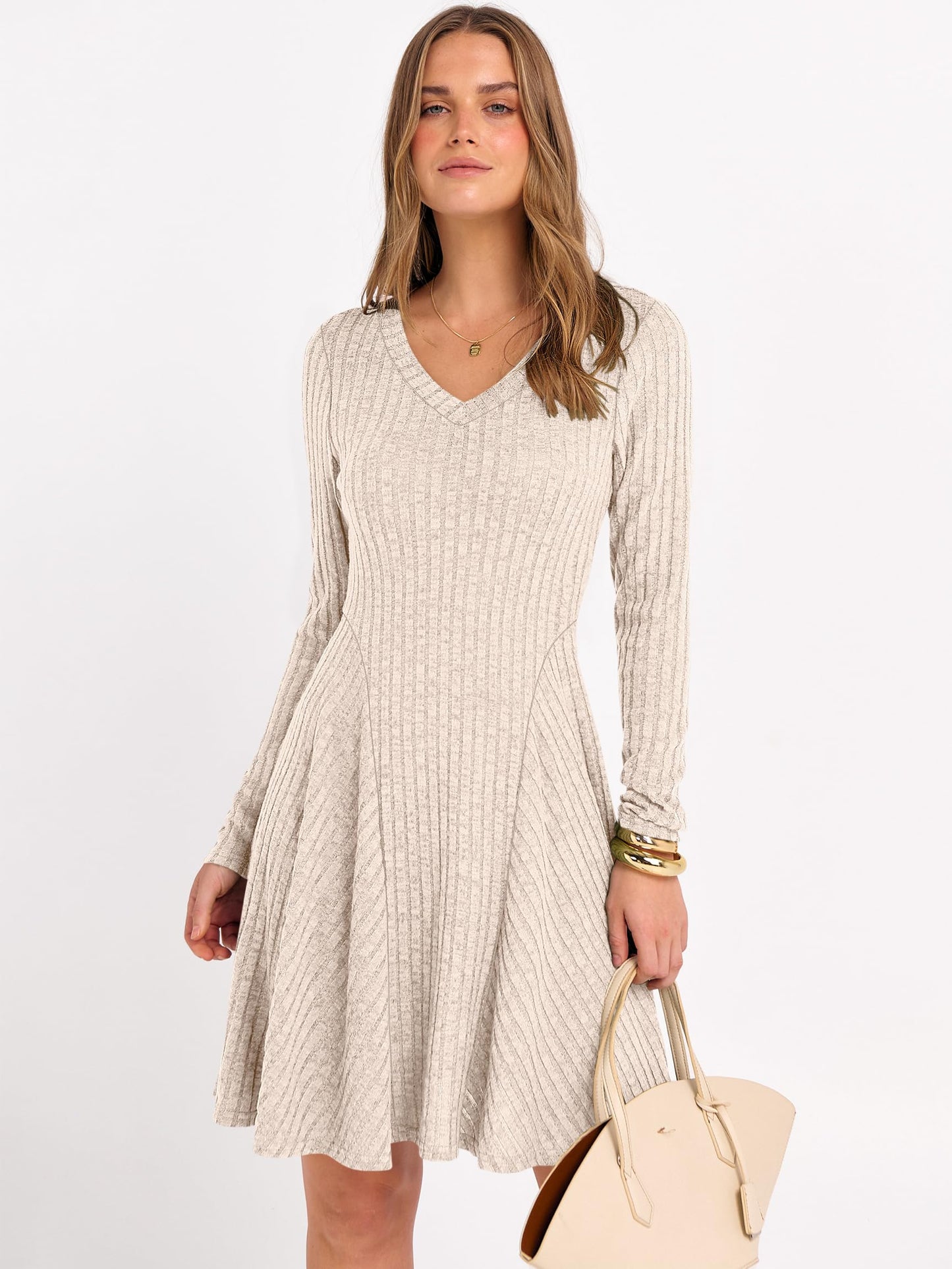ANRABESS Women Long Sleeve Ribbed Knit Short Dresses 2025 Fall Winter V Neck Casual Swing A Line Sweater Dress Beige Large