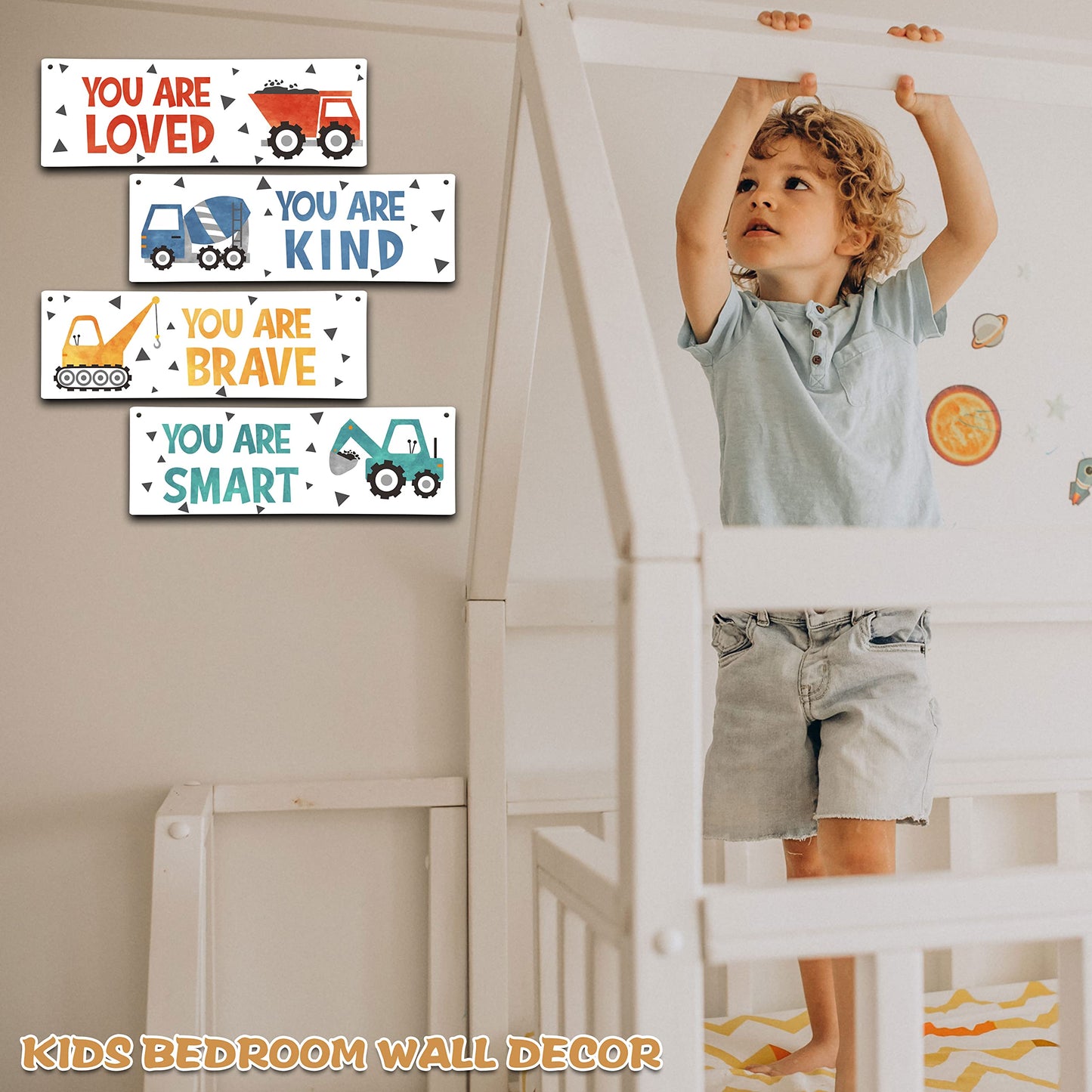 4 Pieces Construction Vehicles Decor Kids Room Wall Decor Wooden Sign - Motivational Wall Art For Kids Room Nursery Playroom Classroom(Sign-01)
