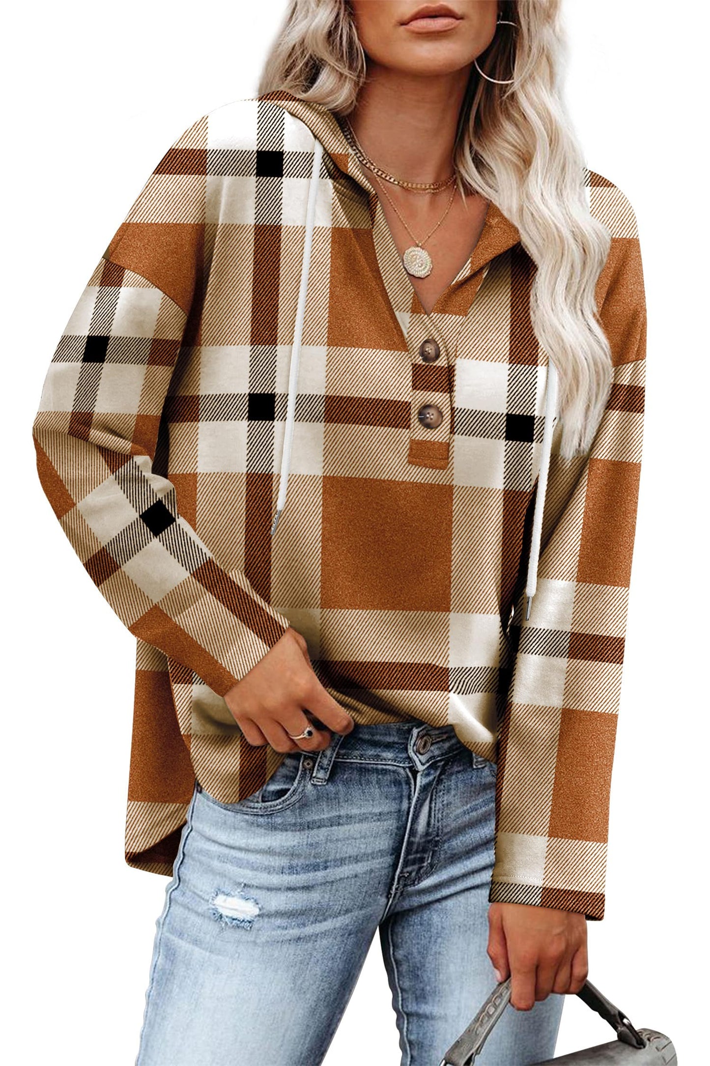 RUMIA Sweatshirt for Women Loose Fit Lightweight Hoodies Long Sleeve Fashion Womens Tops Fall Winter Clothes Holiday Outfits Plaid Brown 3XL