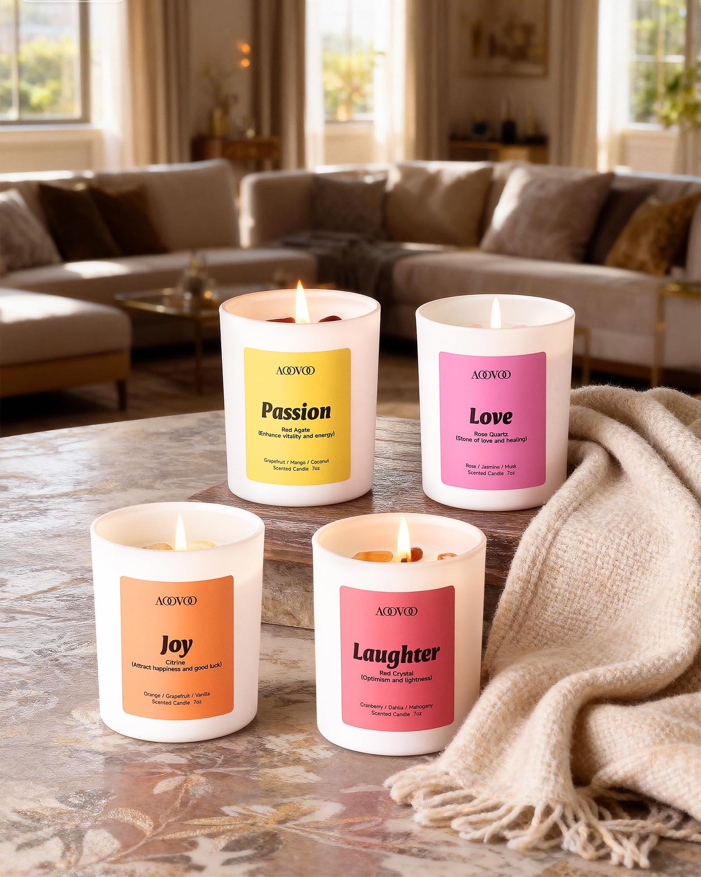 AOOVOO Energy Candles Set for Women - 4 Pack Candles for Home Scented, 28 oz 200 Hour Burn, Aromatherapy Candle with Crystals, Laughter Red Quartz/Love Rose Quartz/Joy Citrine/Passion Red Agate