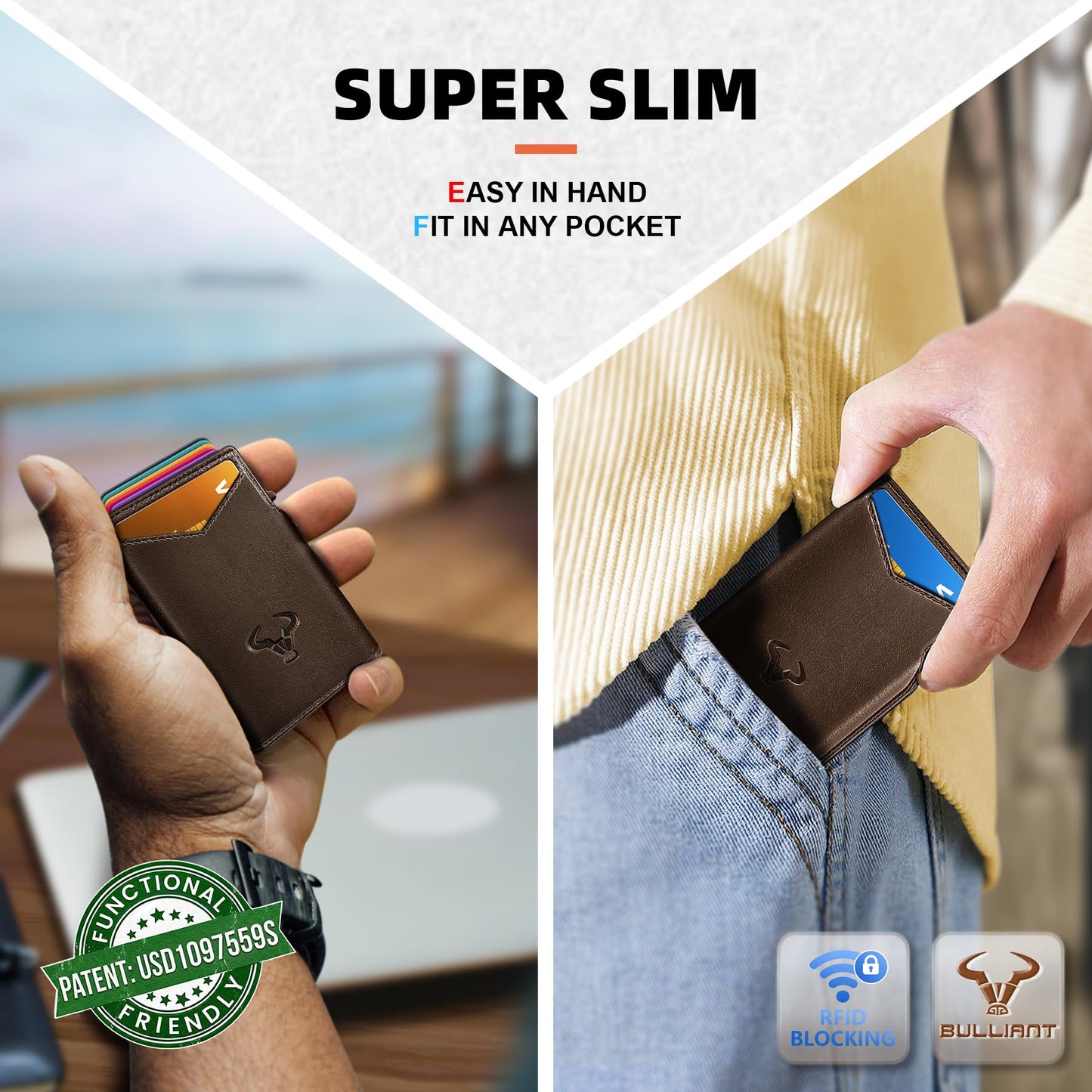 BULLIANT Men Wallet Gift Boxed,Slim Front Pocket Wallet Money Clip Card Holder 3.8"x2.7",Pop-up Access