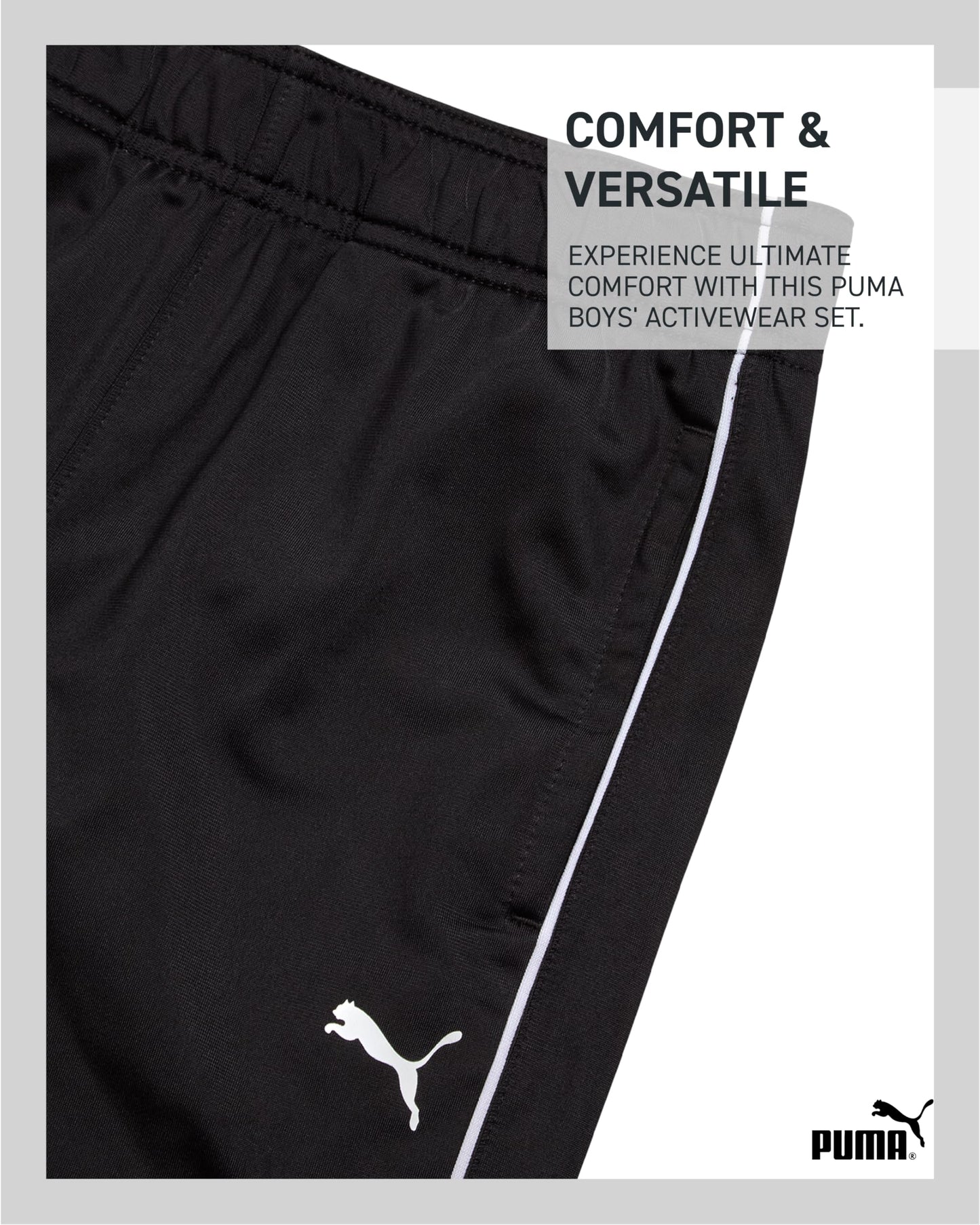 PUMA Boys Pants Set - 2 Piece Tricot Athletic Zip Up Jacket Sweatshirt and Active Jogger Pants - Boys Activewear Set (8-16), Size 10-12, Black/White Logo