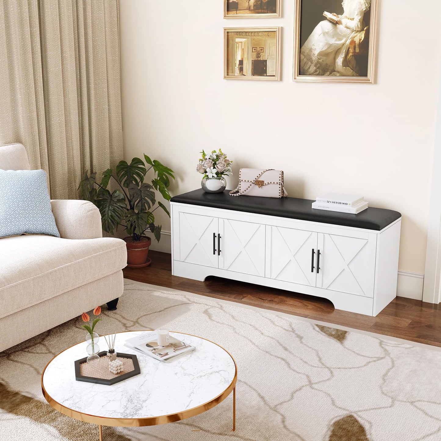 DreamDashio Farmhouse Storage Bench with Lift Top Storage, 47.2" Entryway Bench with Cushioned Seat, End of Bed Bench, Wooden Storage Chest Trunks, for Entryway, Bedroom, Living Room,White