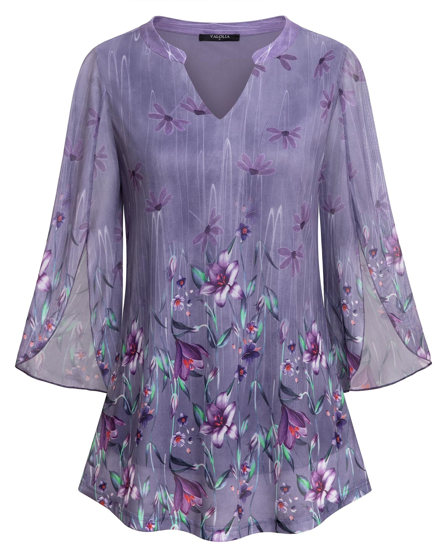 VALOLIA Bell Sleeve Tops for Women, Ladies Ruffle 3/4 Sleeve V Neck Tops and Blouses for Work Office Plus Size A-Line Swing Loose Fit Casual Lightweight Layered Tunics Shirt for Fall Purple Medium