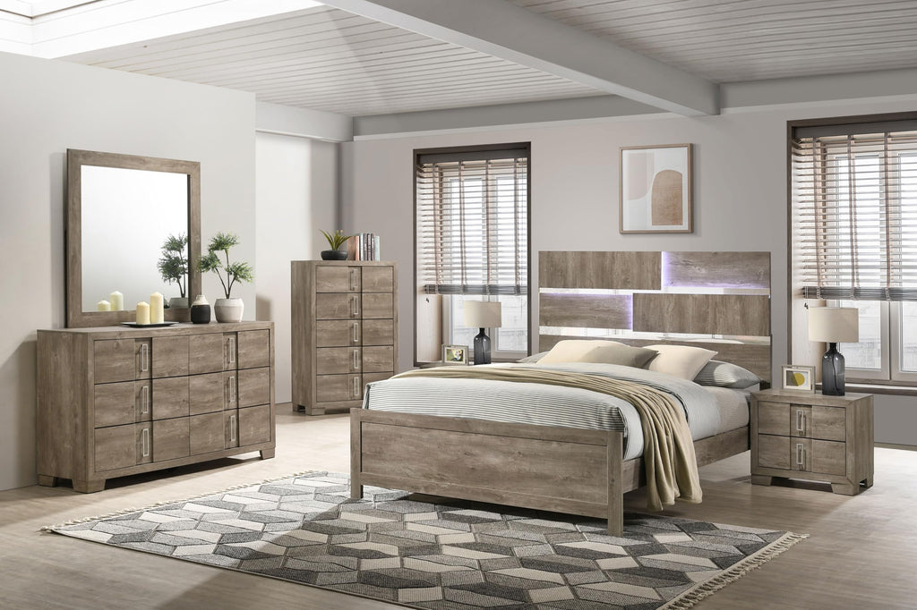 Kings Brand Furniture Dawson Modern 6-Piece King Size Farmhouse Style Bedroom Set in Light Brown Finish - Bed with LED Lights, Dresser, Mirror, Chest & 2 Nightstands