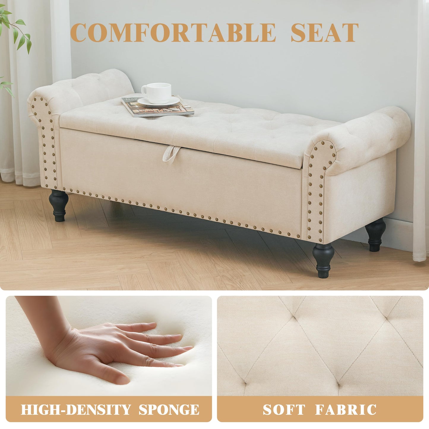 Dowiean 51" Storage Ottoman Bench, End of Bed Bench for Bedroom, Storage Ottomans for Foot of Bed, Chenille Upholstered Benches, Window Benches for Living Room, Entryway, Beige