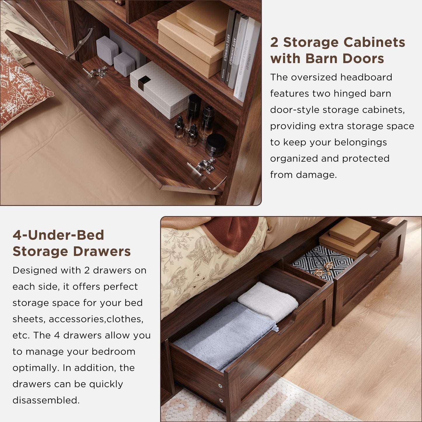 ACCOHOHO Farmhouse Queen Size Bed Frame with 52" Tall Storage Headboard and LED Light,Wood Platform Bed Frame with 4 Drawers and Charging Station,Solid Wood Slats Support,No Box Spring Needed,Brown