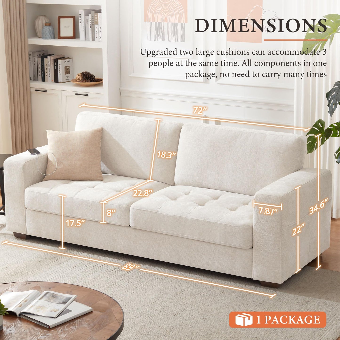 Ihanherry 89" Modern Sofas 3-Seats Couches for Living Room, Chenille Sofas with Extra Large Seat Width & Depth, USB/Type-C Charging Port & Side Pocket, Removable Medium Firm Sofa Cushion(Beige)