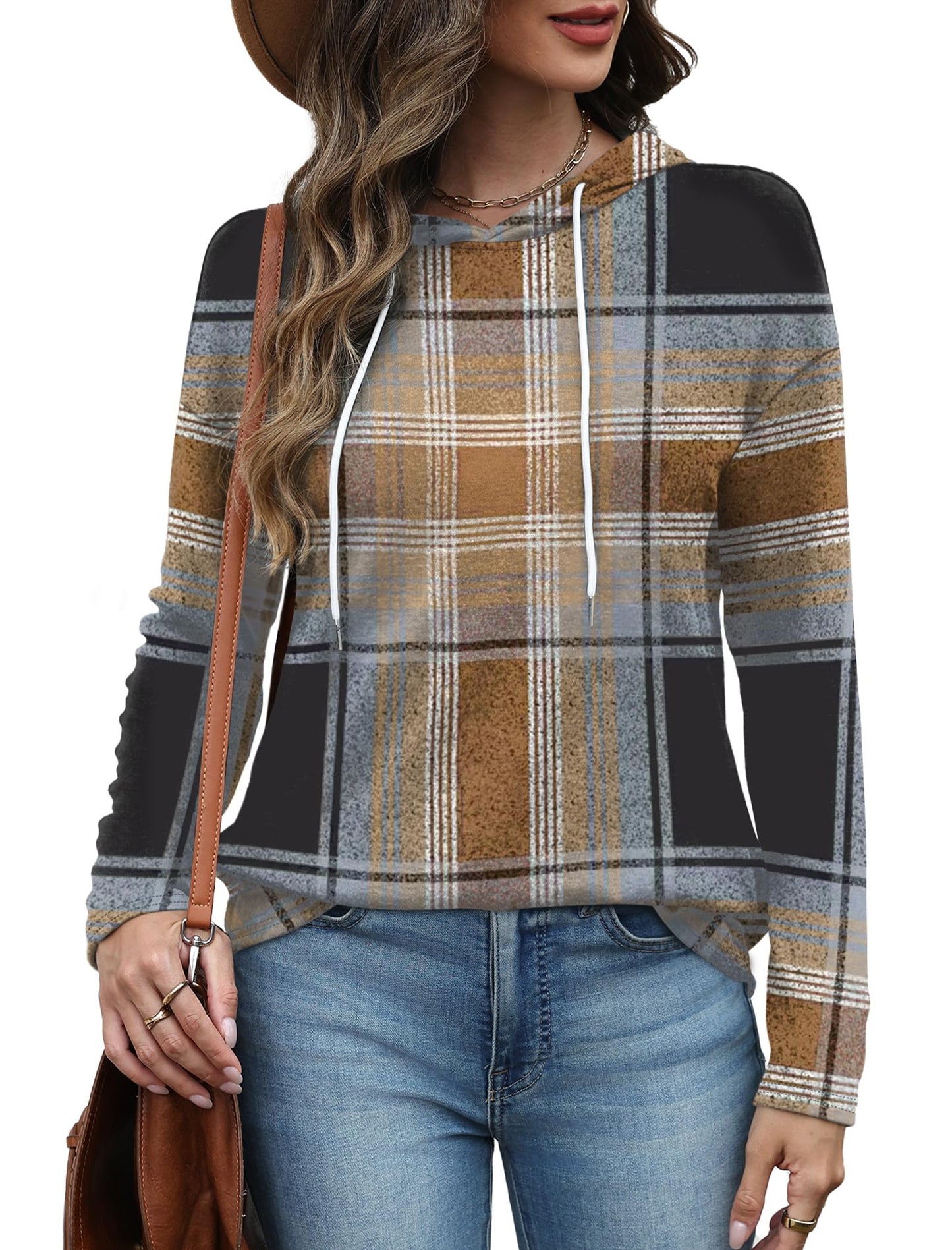 Chocolate Brown Fall Clothes for Women 2025 Winter Clothing Long Sleeve Tunic Tops Soft Hoodies Pullover Oversized Sweatshirts Plaid L