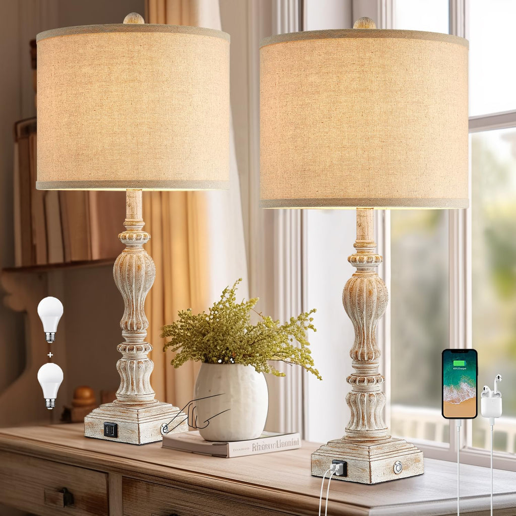 Vintage Farmhouse Table Lamp Set of 2 with USB A+C for Living Room Rustic Table Lamp 27