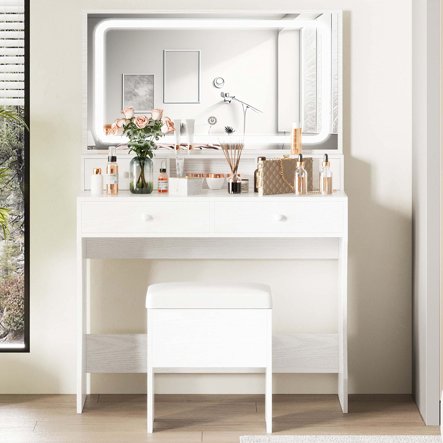 IRONCK Vanity Desk Set with LED Lighted Mirror & Power Outlet, Makeup Vanity Table with 4 Drawers,Storage Bench,for Bedroom, Bathroom, White